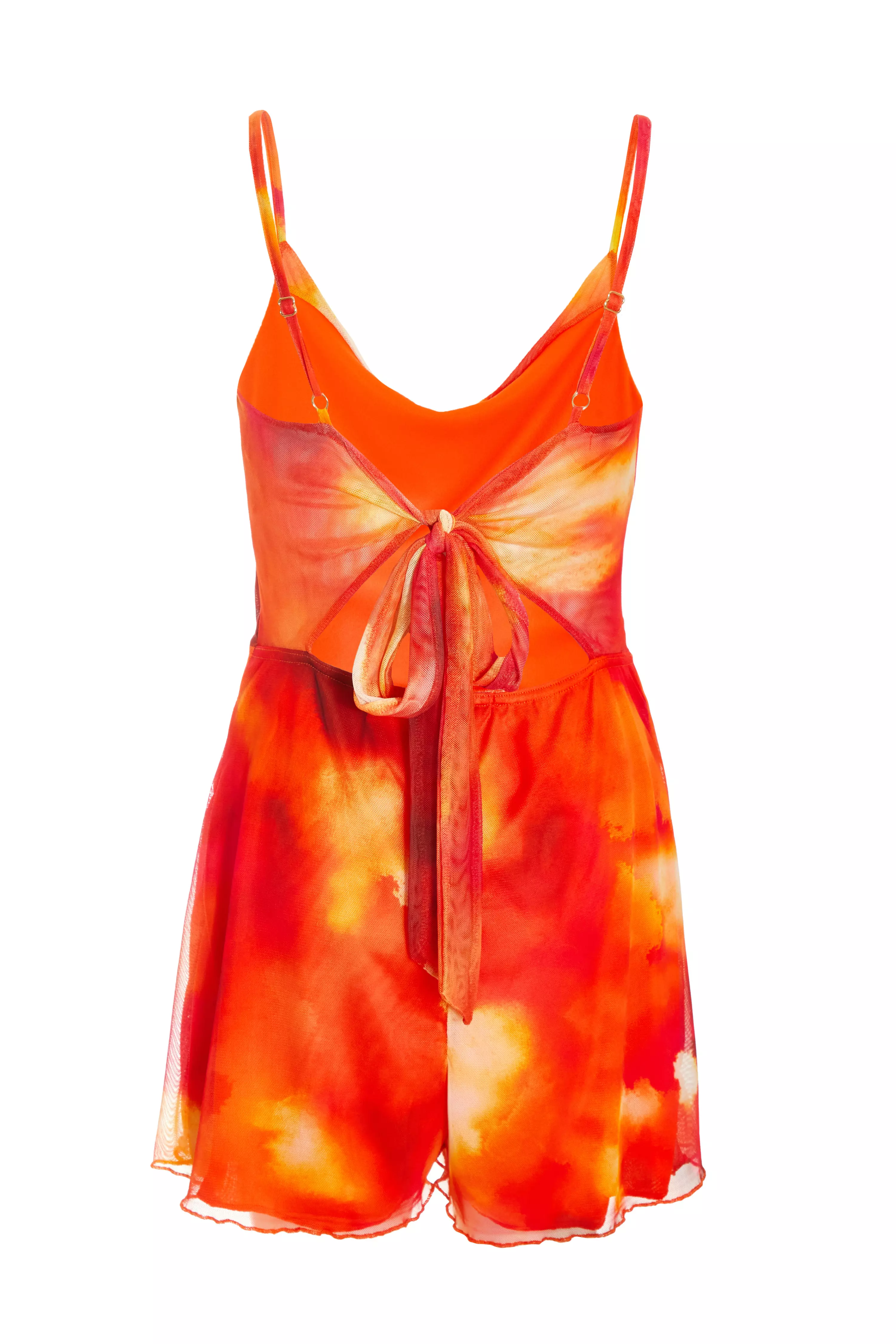 Orange Abstract Print Cowl Neck Mesh Playsuit