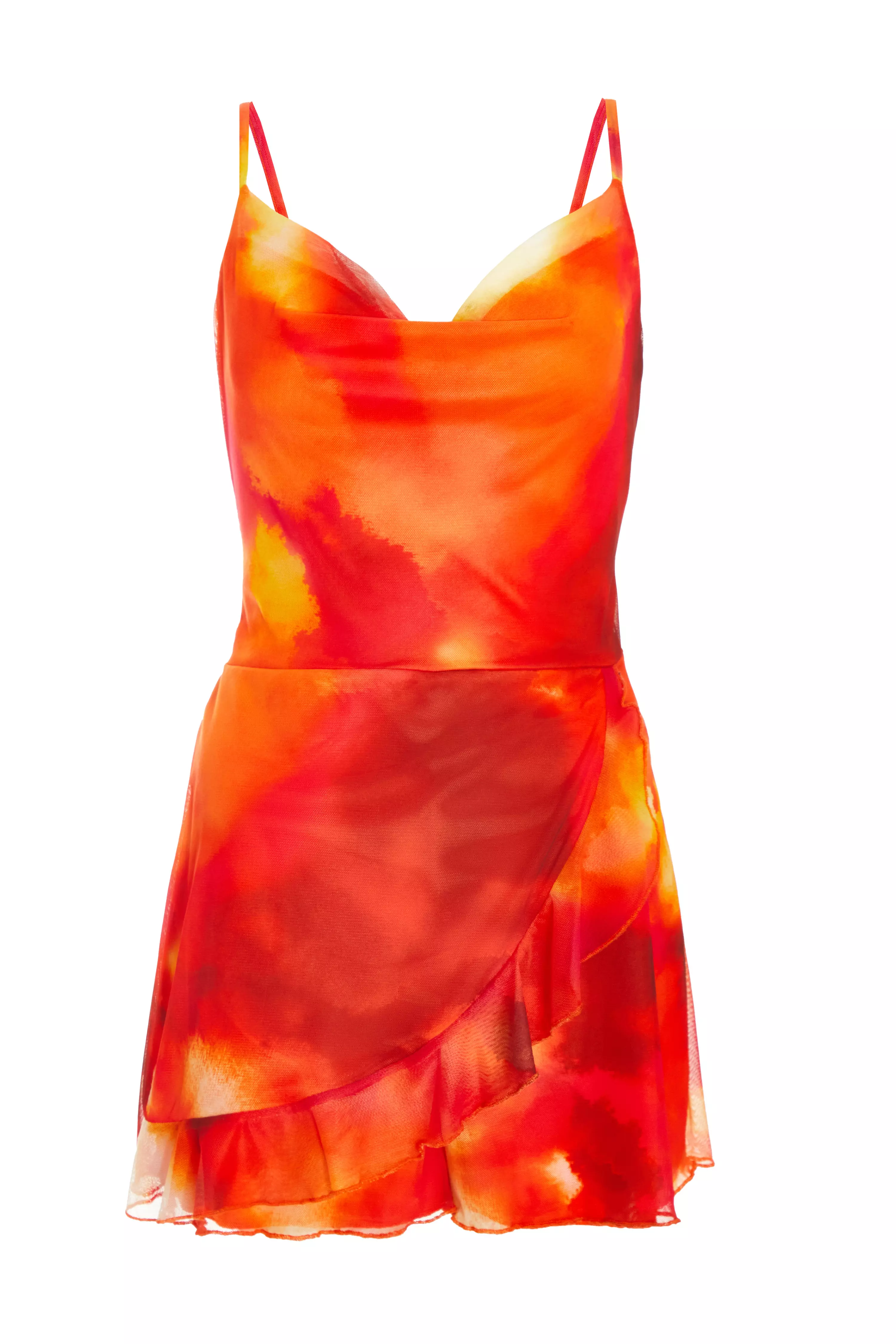 Orange Abstract Print Cowl Neck Mesh Playsuit