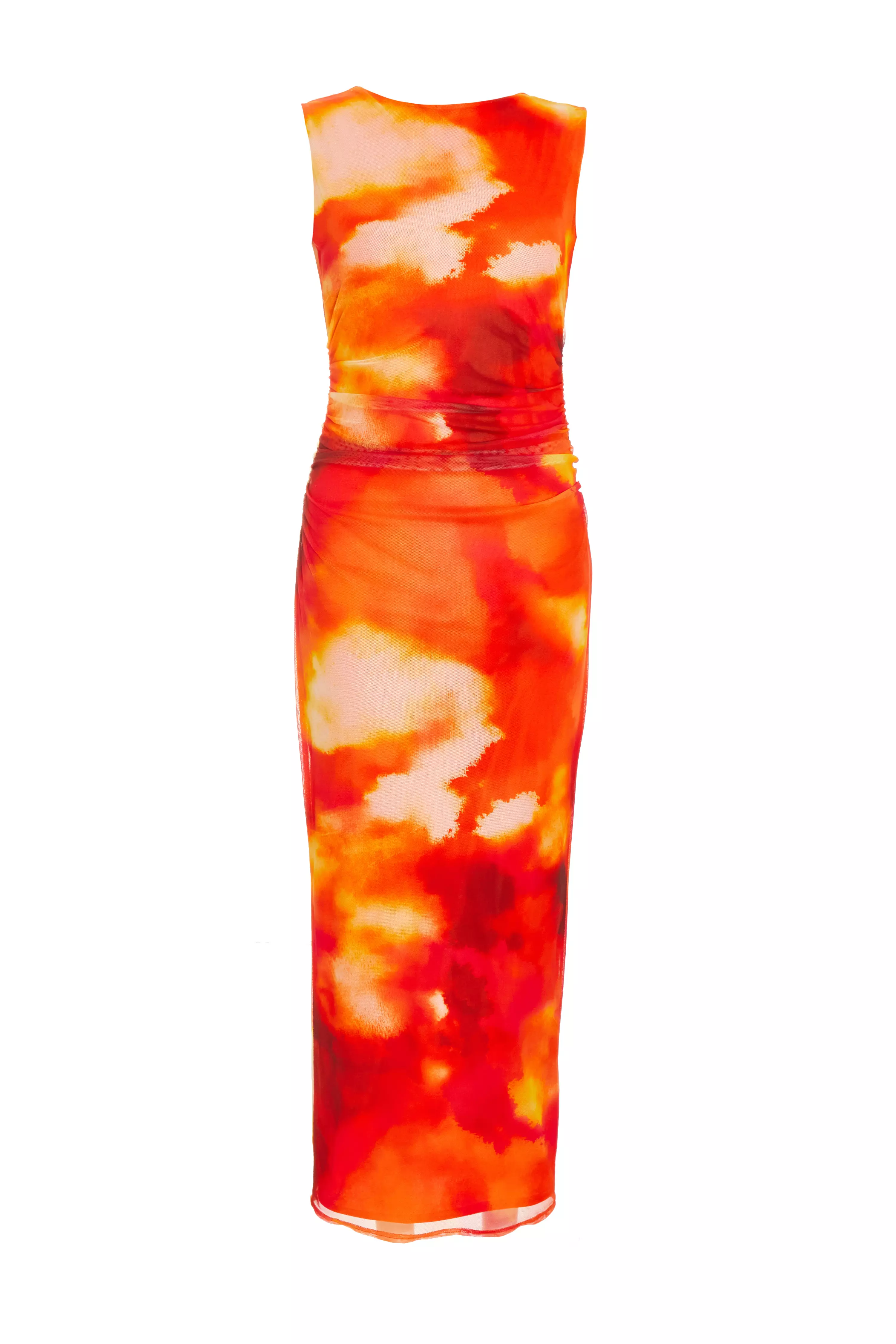 Orange Mesh Round Neck Sleeveless Midaxi Dress
