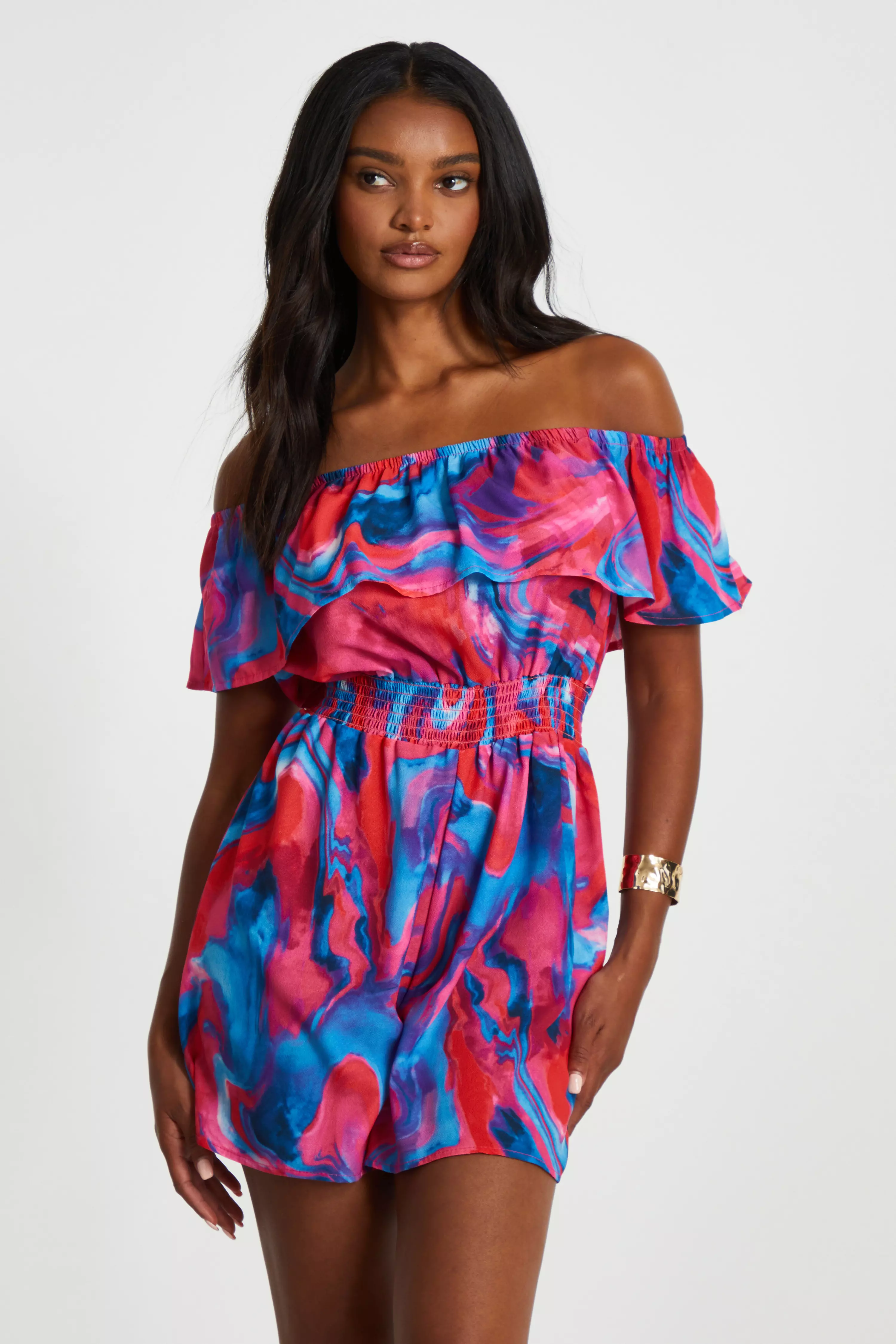 Pink Marble Print Bardot Playsuit