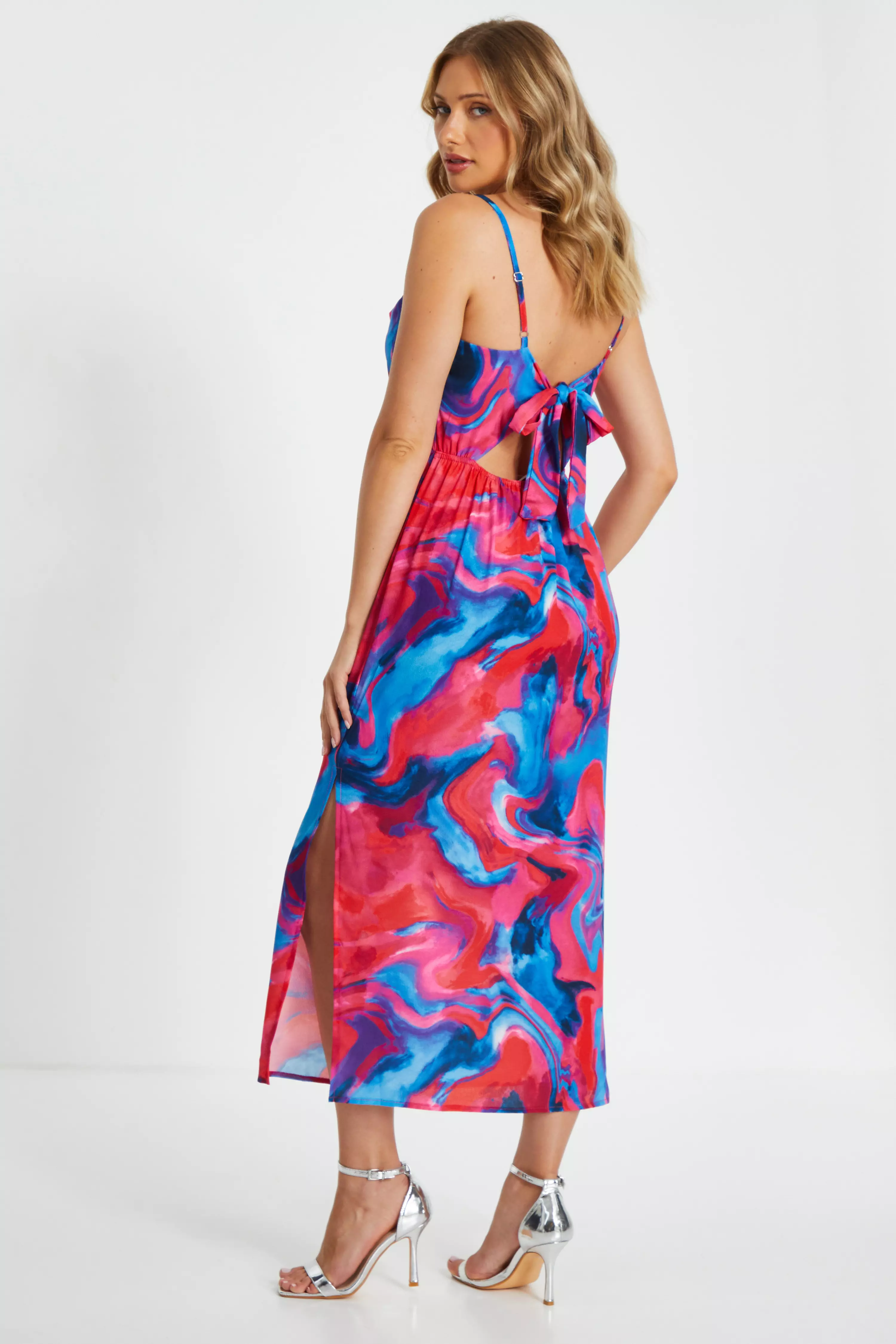 Pink Marble Print Satin Tie Back Midi Dress