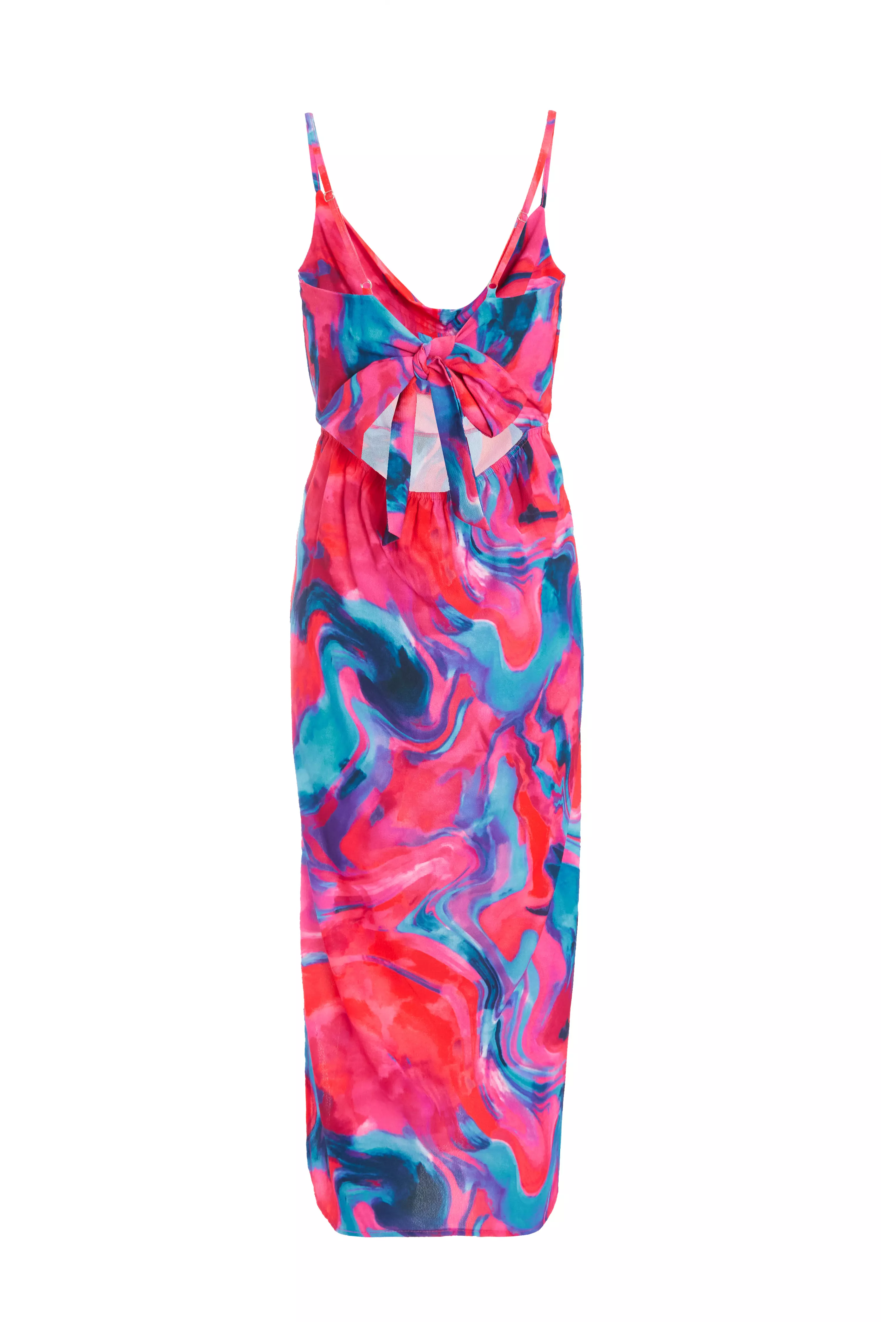 Pink Marble Print Satin Tie Back Midi Dress