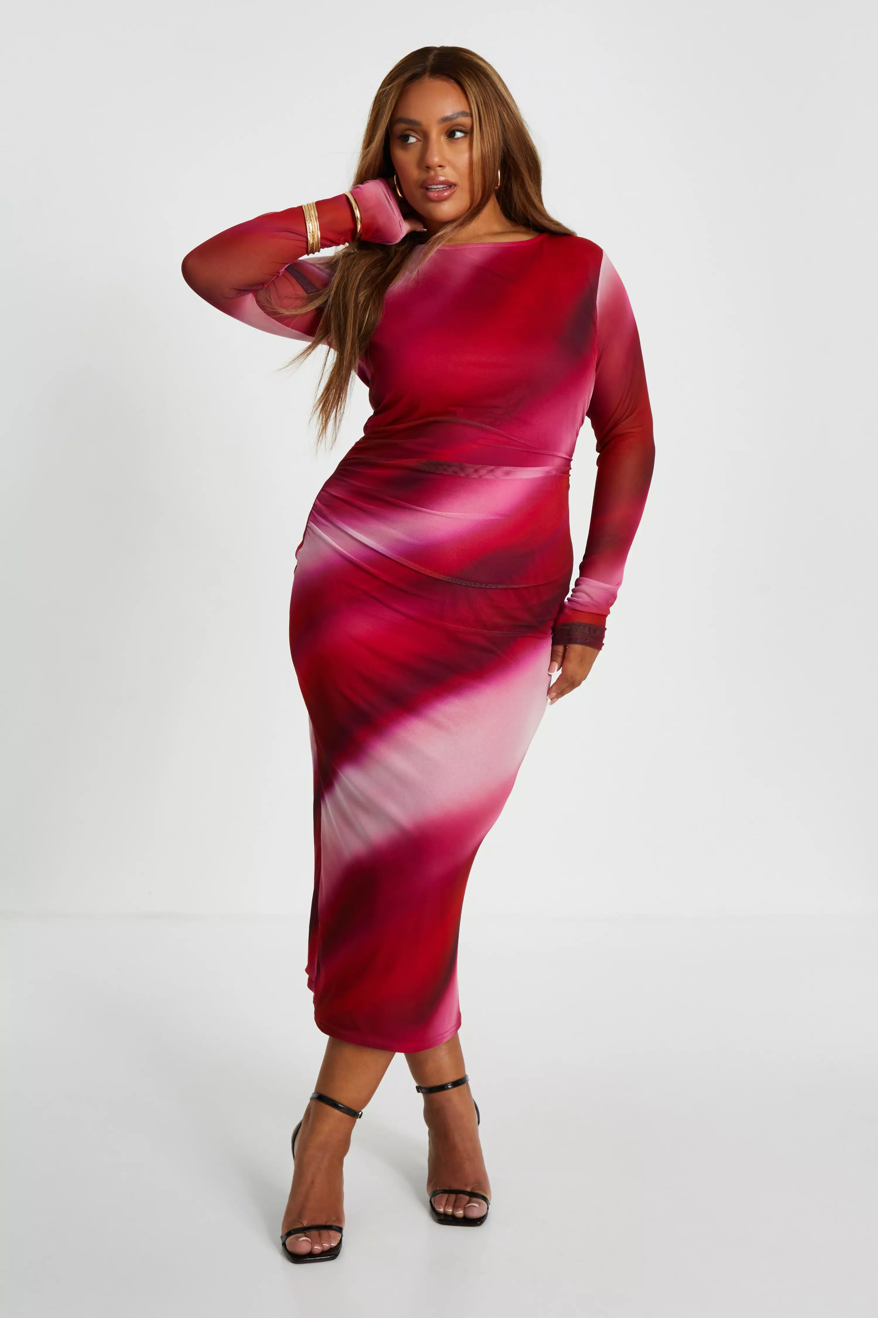 Curve Red Mesh Marble Midaxi Dress