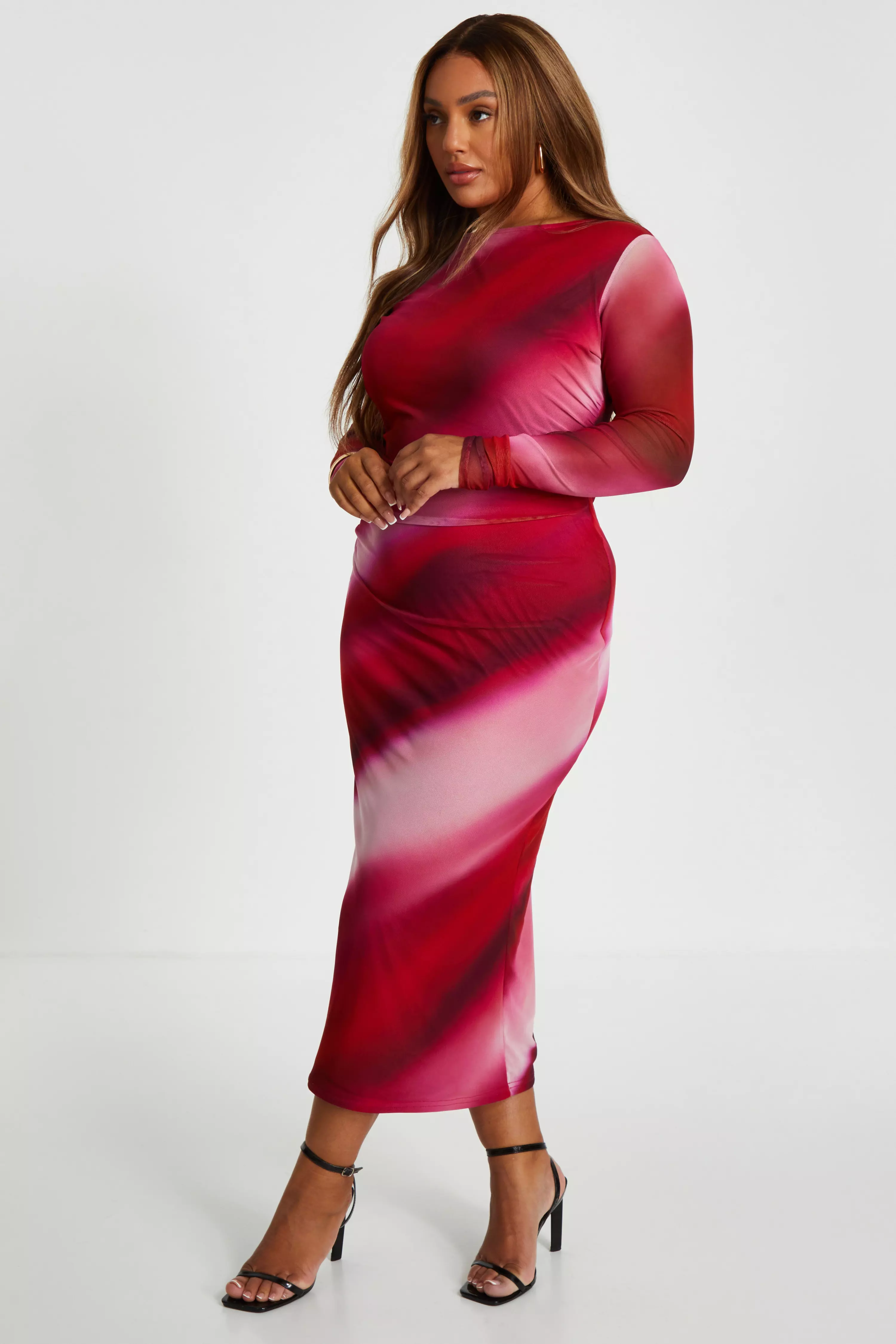 Curve Red Mesh Marble Midaxi Dress