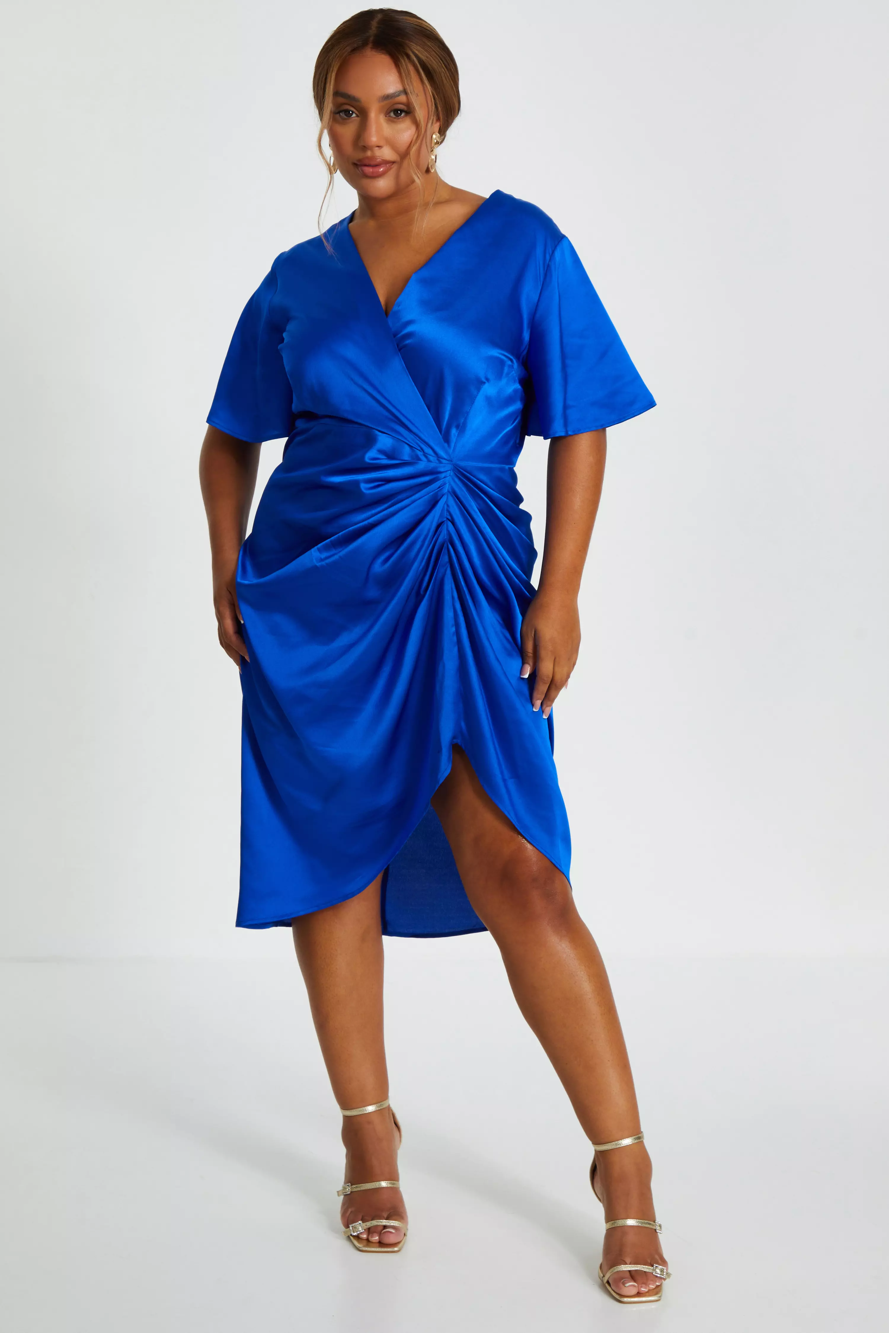 Curve Royal Blue Satin Ruched Wrap Midi Dress