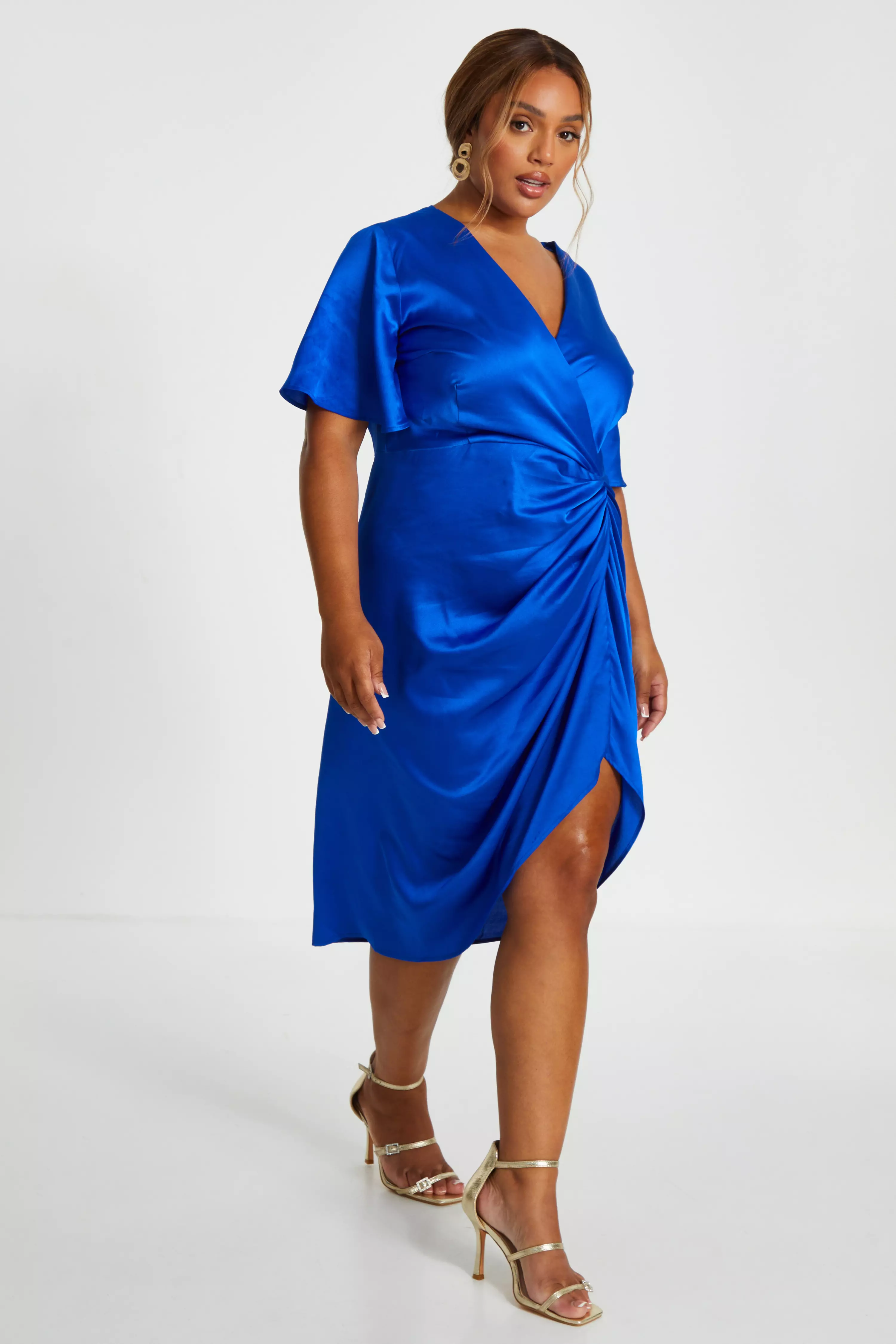 Curve Royal Blue Satin Ruched Wrap Midi Dress
