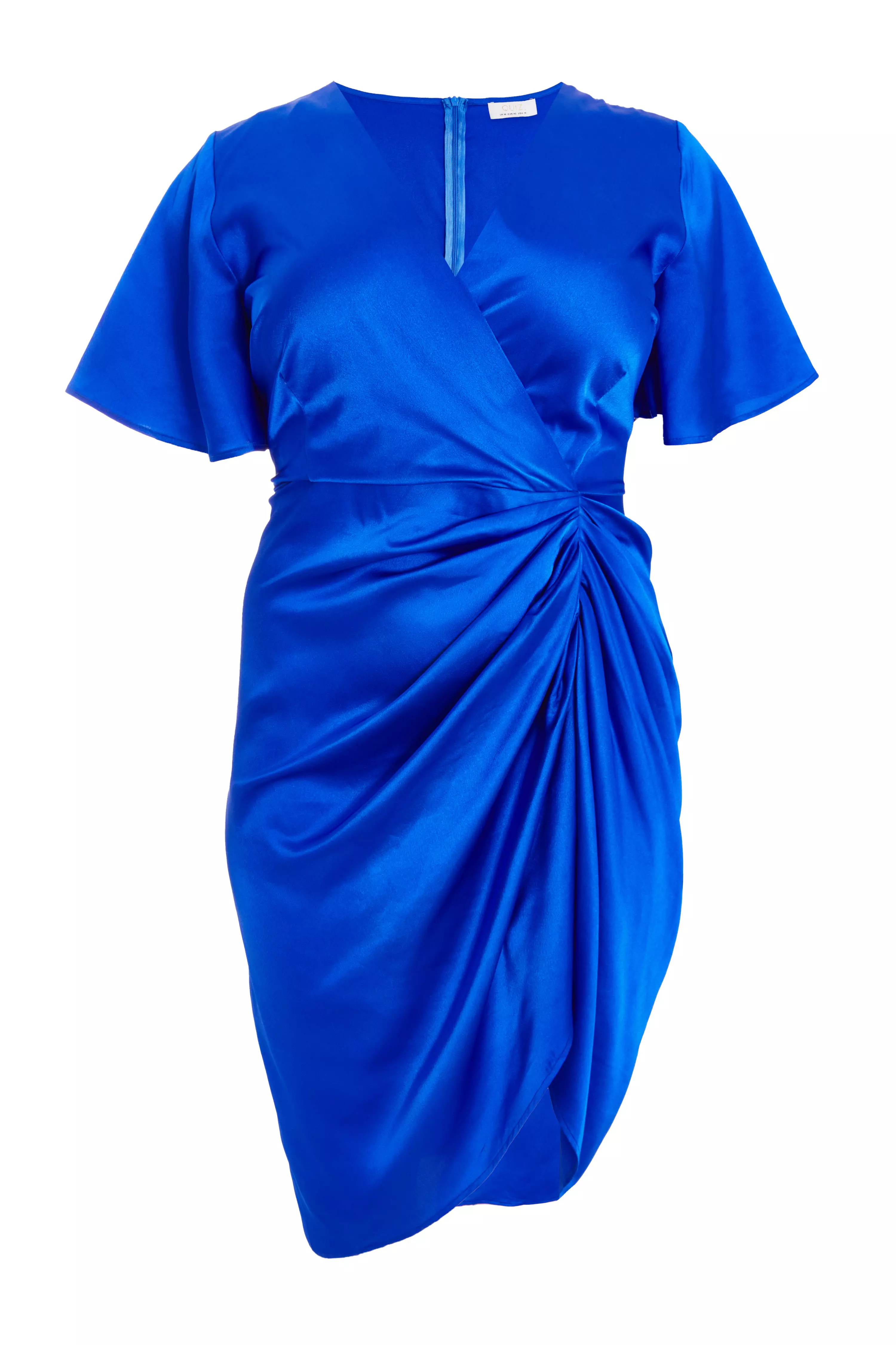 Curve Royal Blue Satin Ruched Wrap Midi Dress