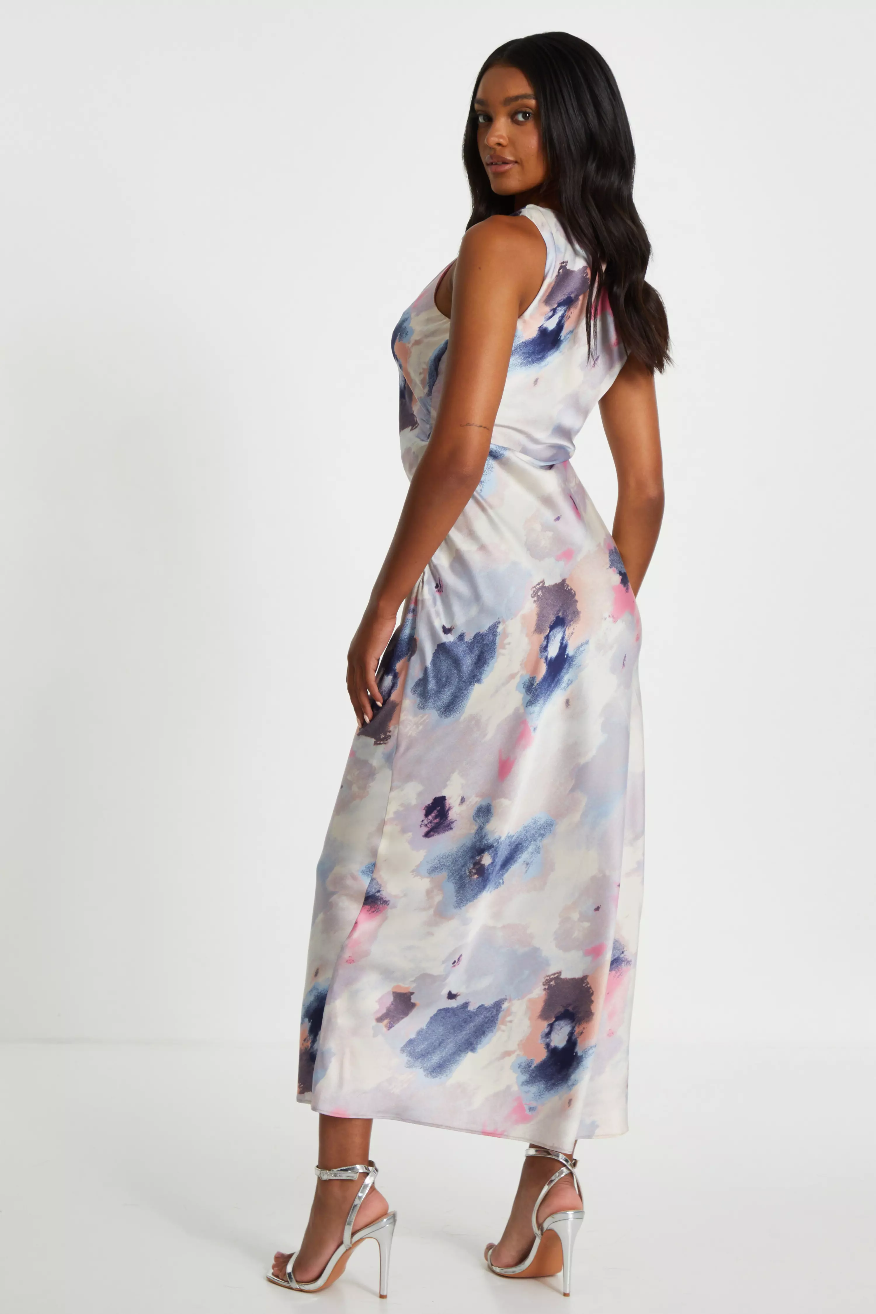 Multicoloured Marble Satin Twist Shoulder Midaxi Dress