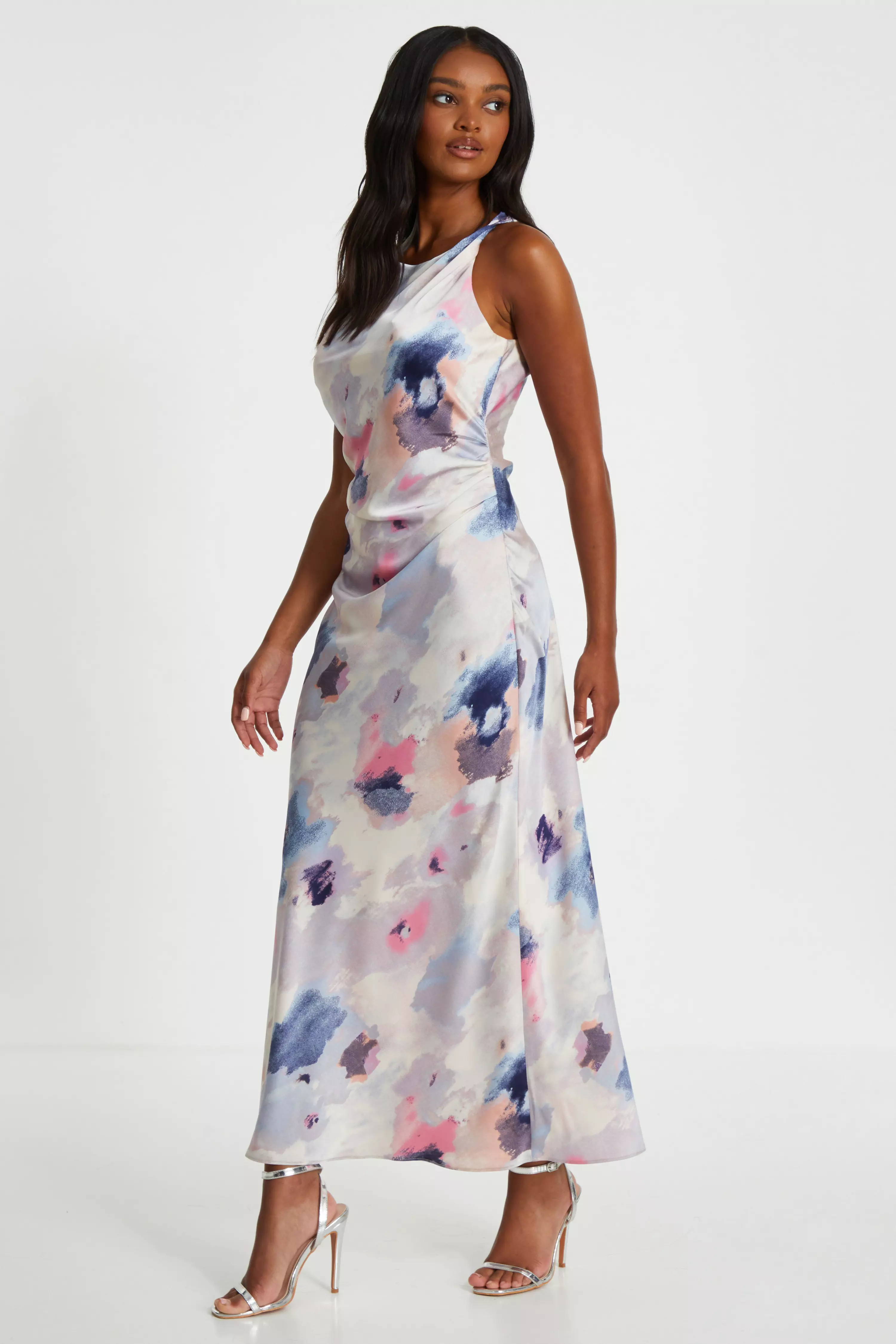 Multicoloured Marble Satin Twist Shoulder Midaxi Dress