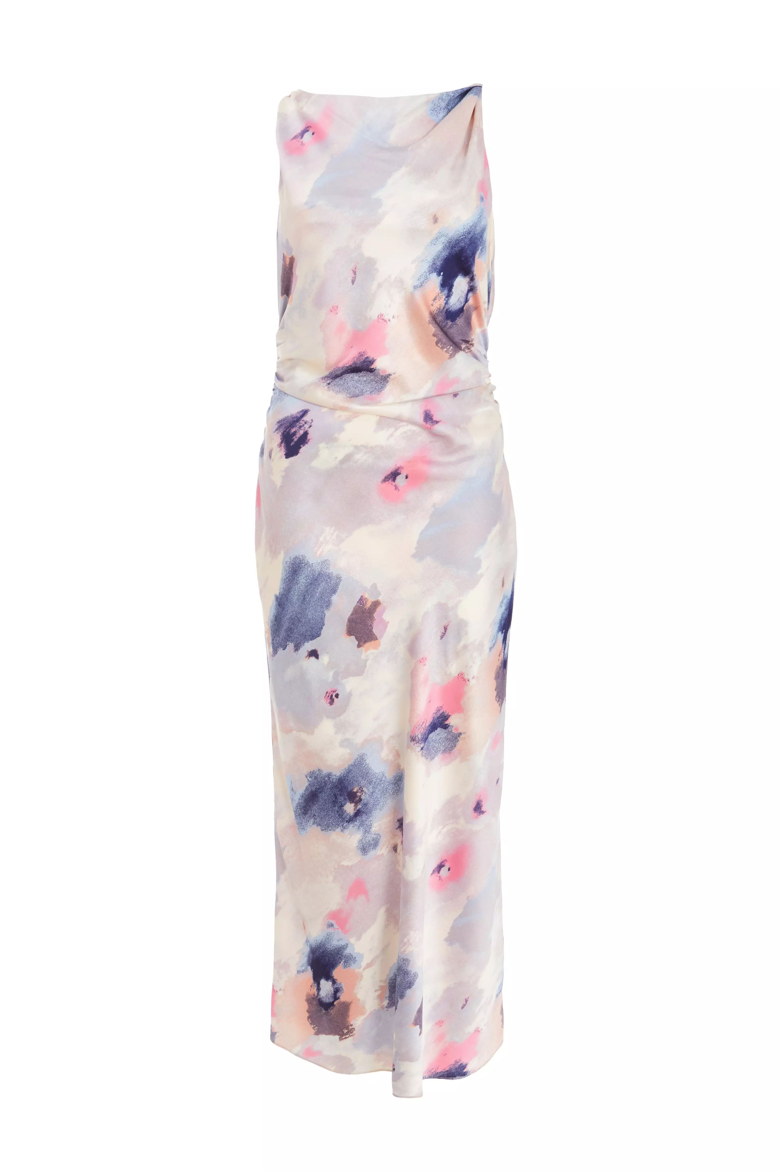 Multicoloured Marble Satin Twist Shoulder Midaxi Dress