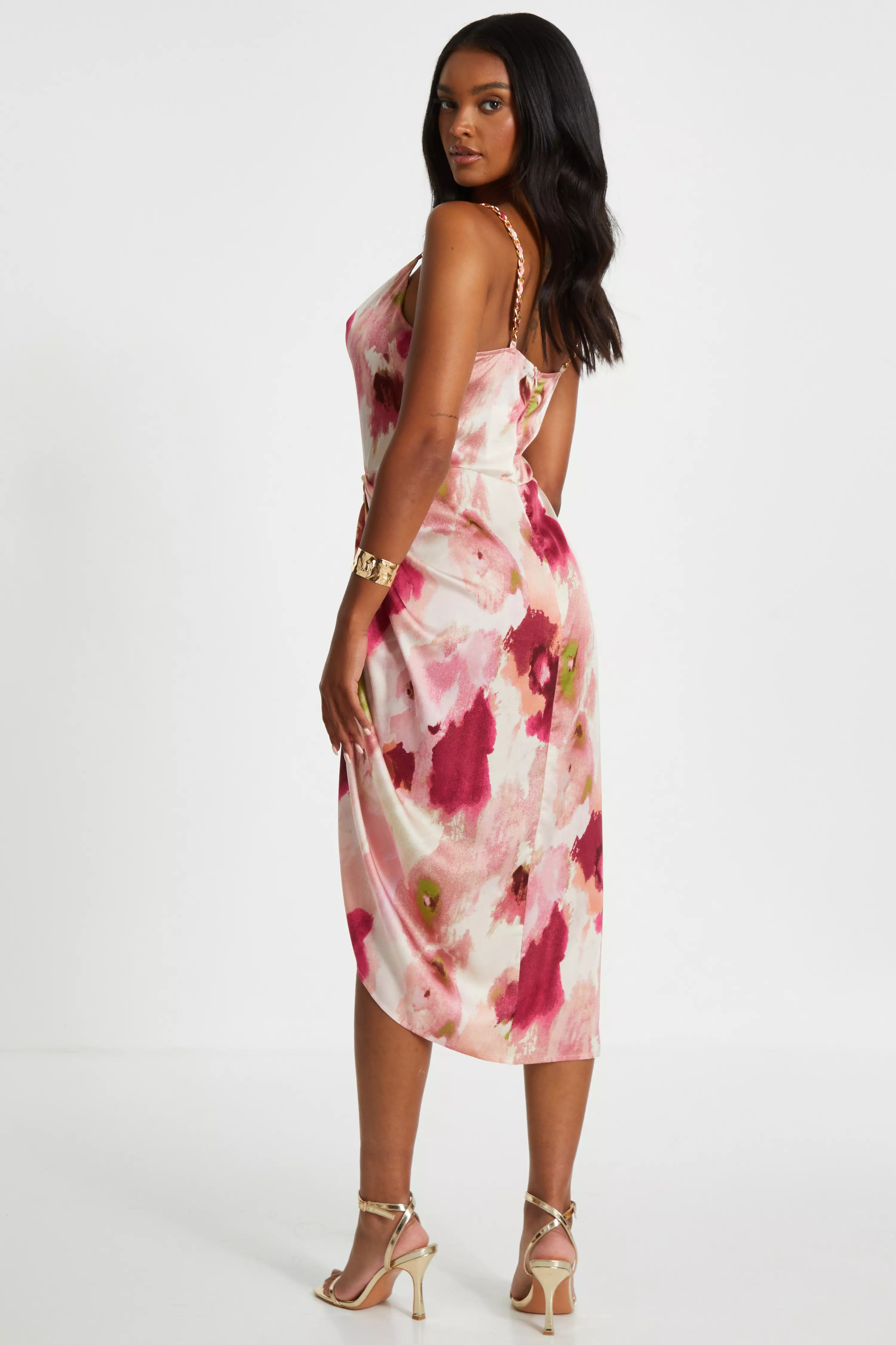 Pink Marble Print Satin Ruched Midi Dress