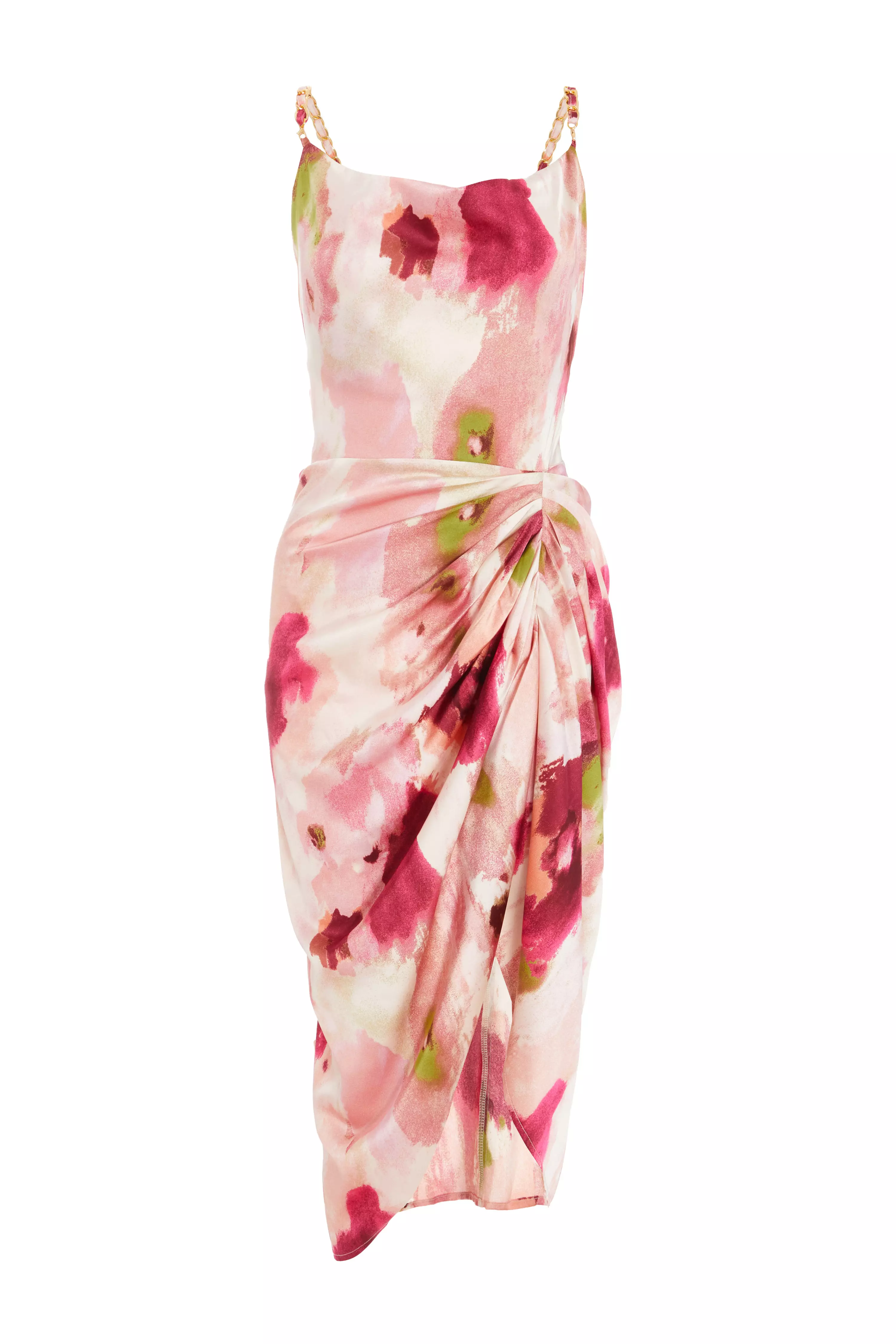 Pink Marble Print Satin Ruched Midi Dress