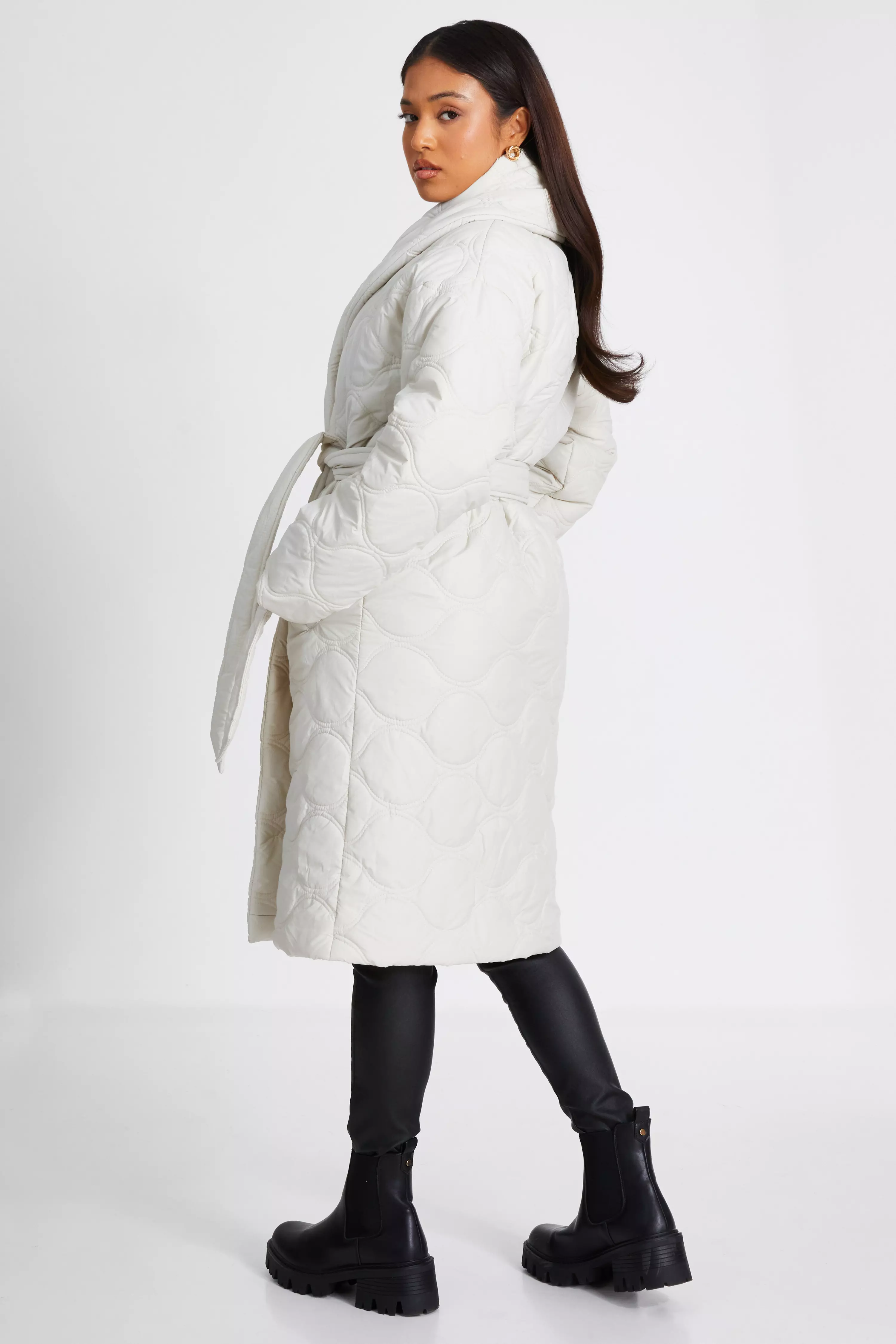 Petite Cream Quilted Long Line Coat