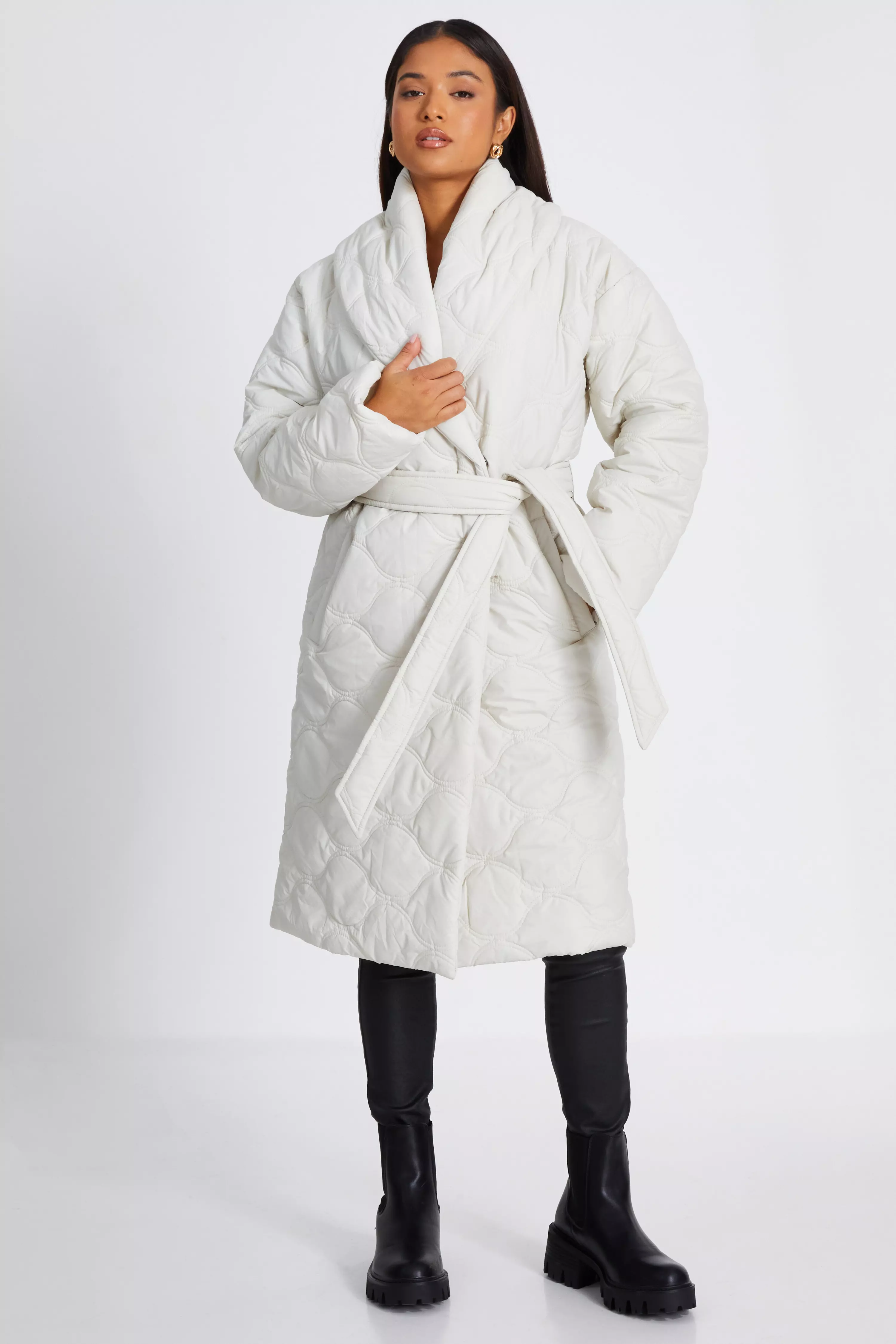 Petite Cream Quilted Long Line Coat