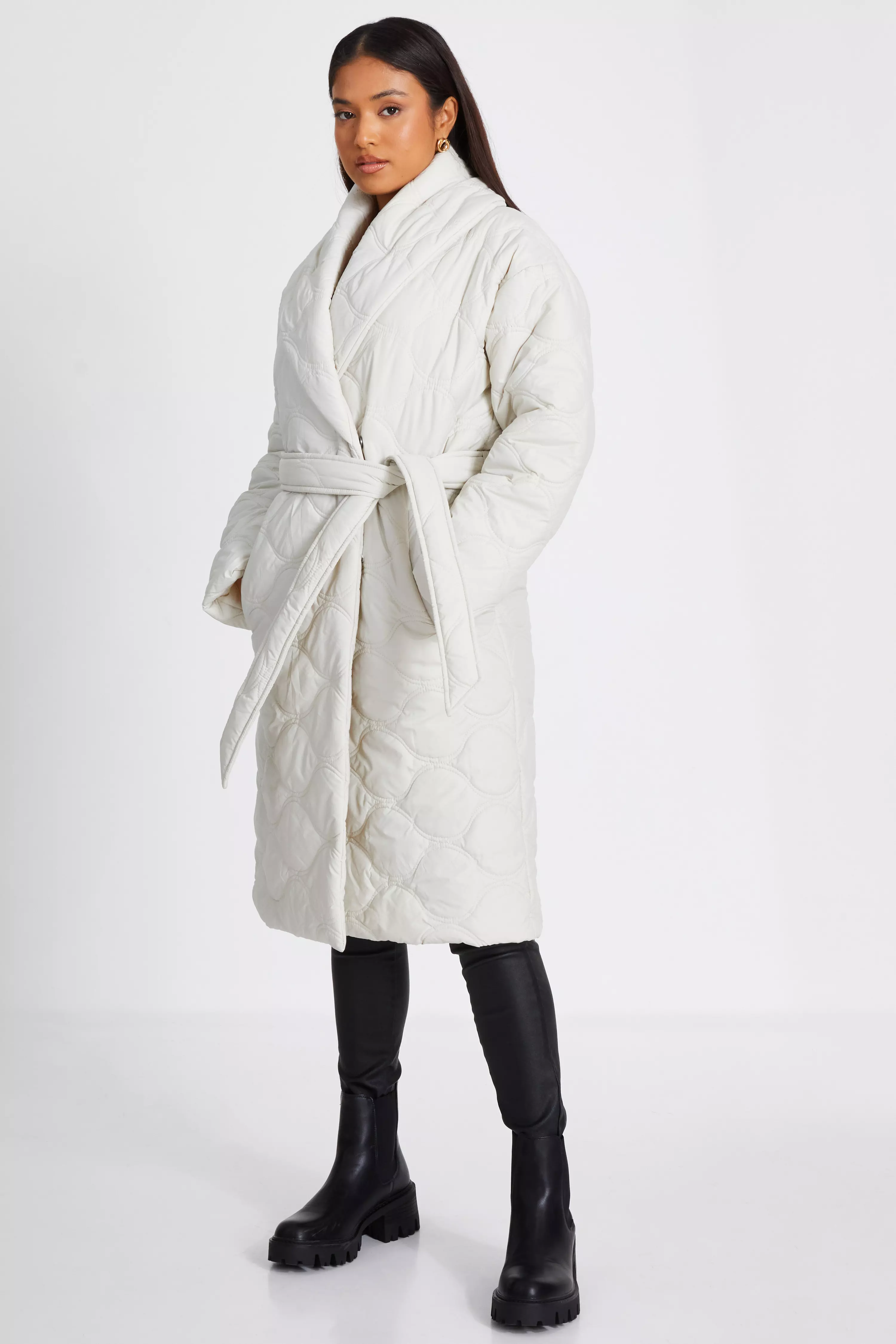 Petite Cream Quilted Long Line Coat