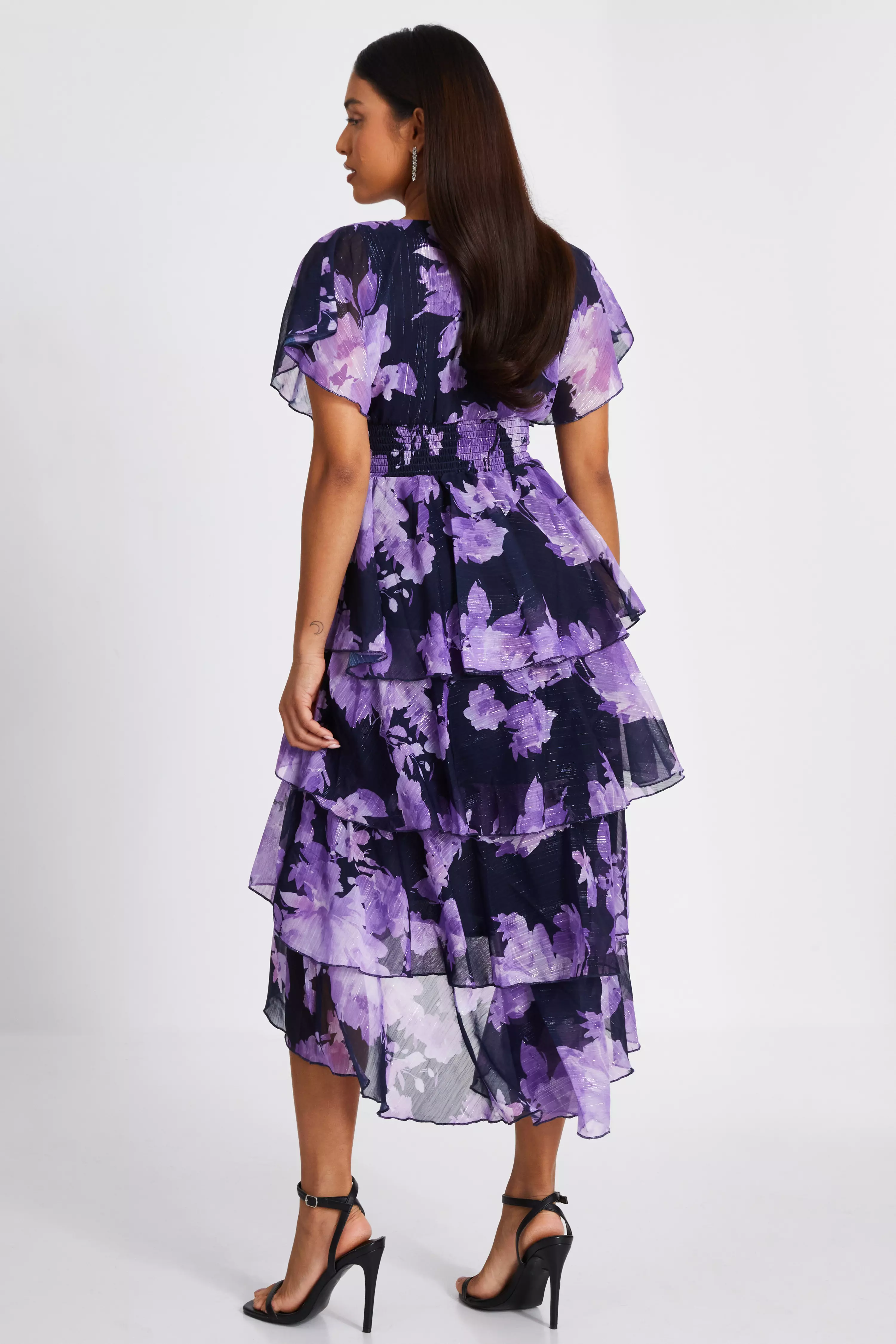 Petite Navy Floral Dip Hem Tiered Midi Dress