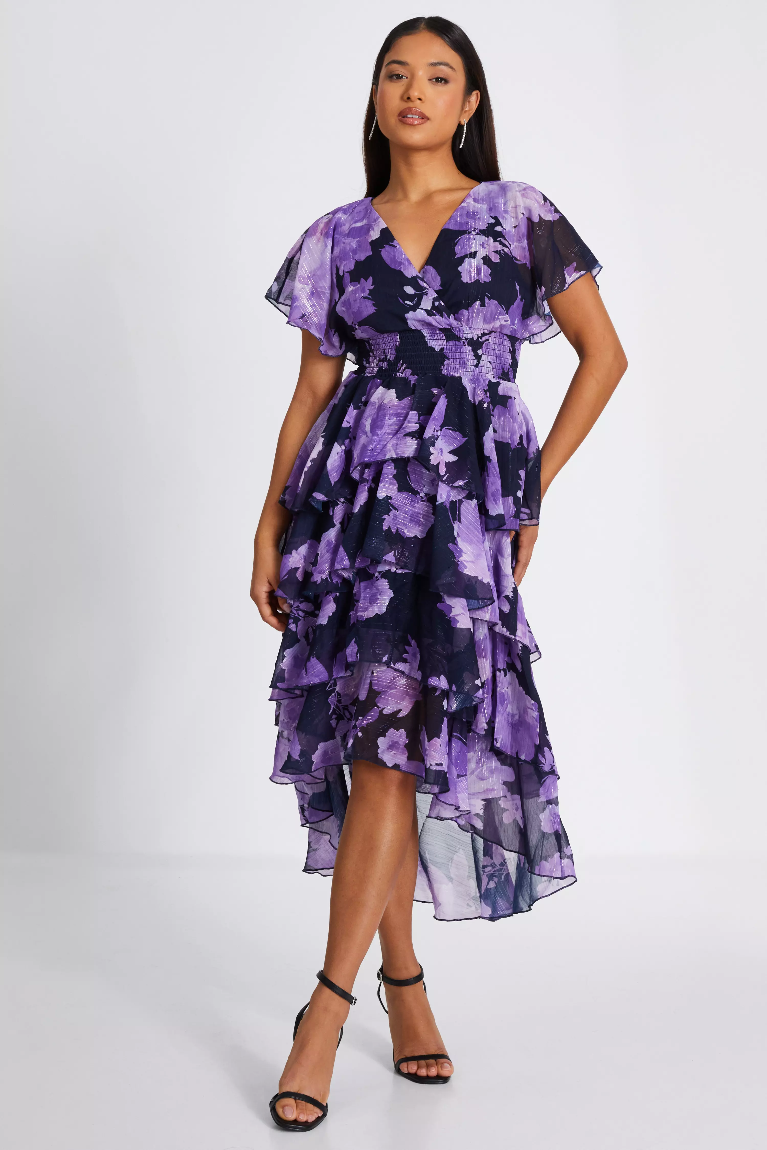 Petite Navy Floral Dip Hem Tiered Midi Dress