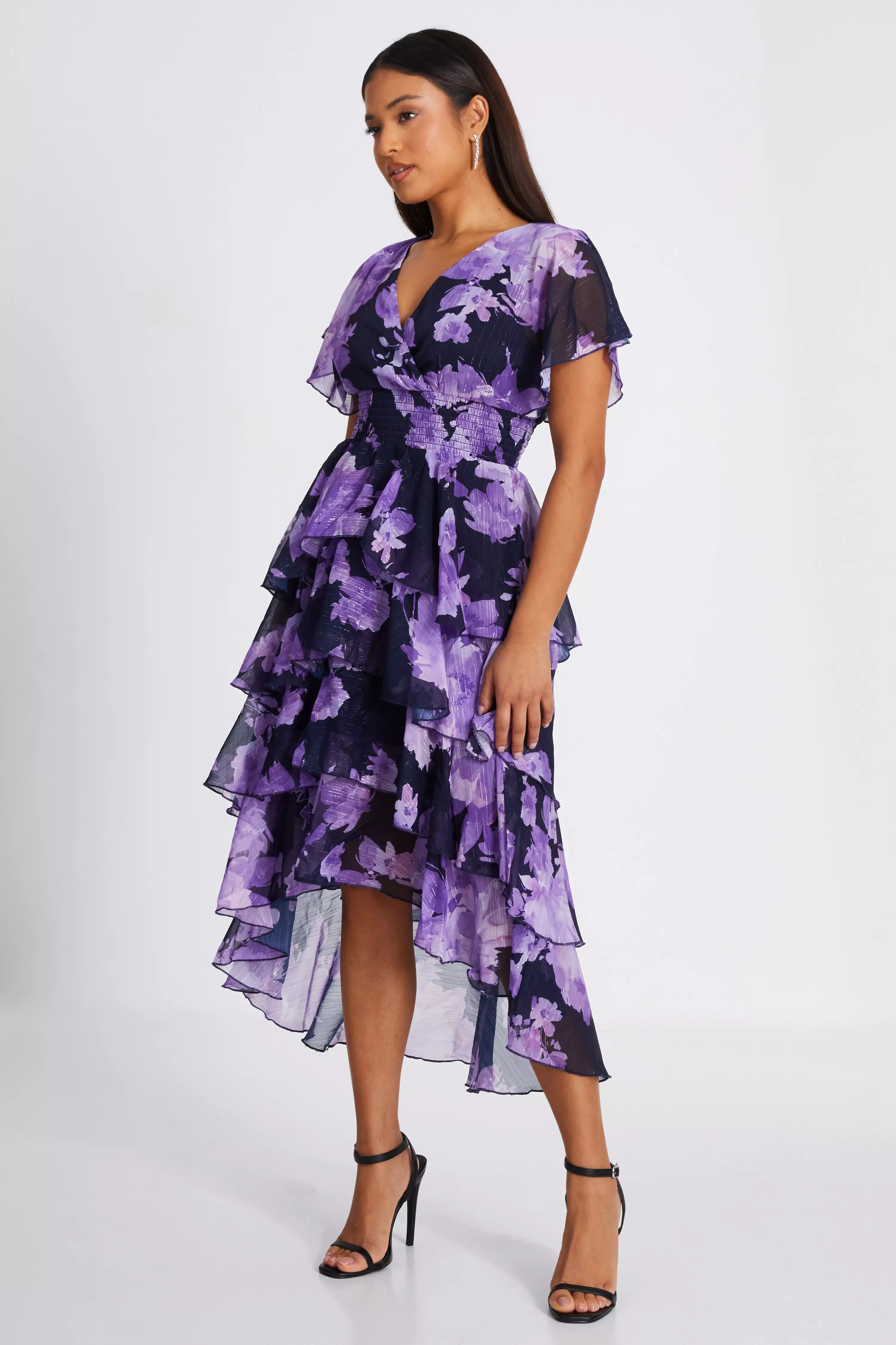 Petite Navy Floral Dip Hem Tiered Midi Dress