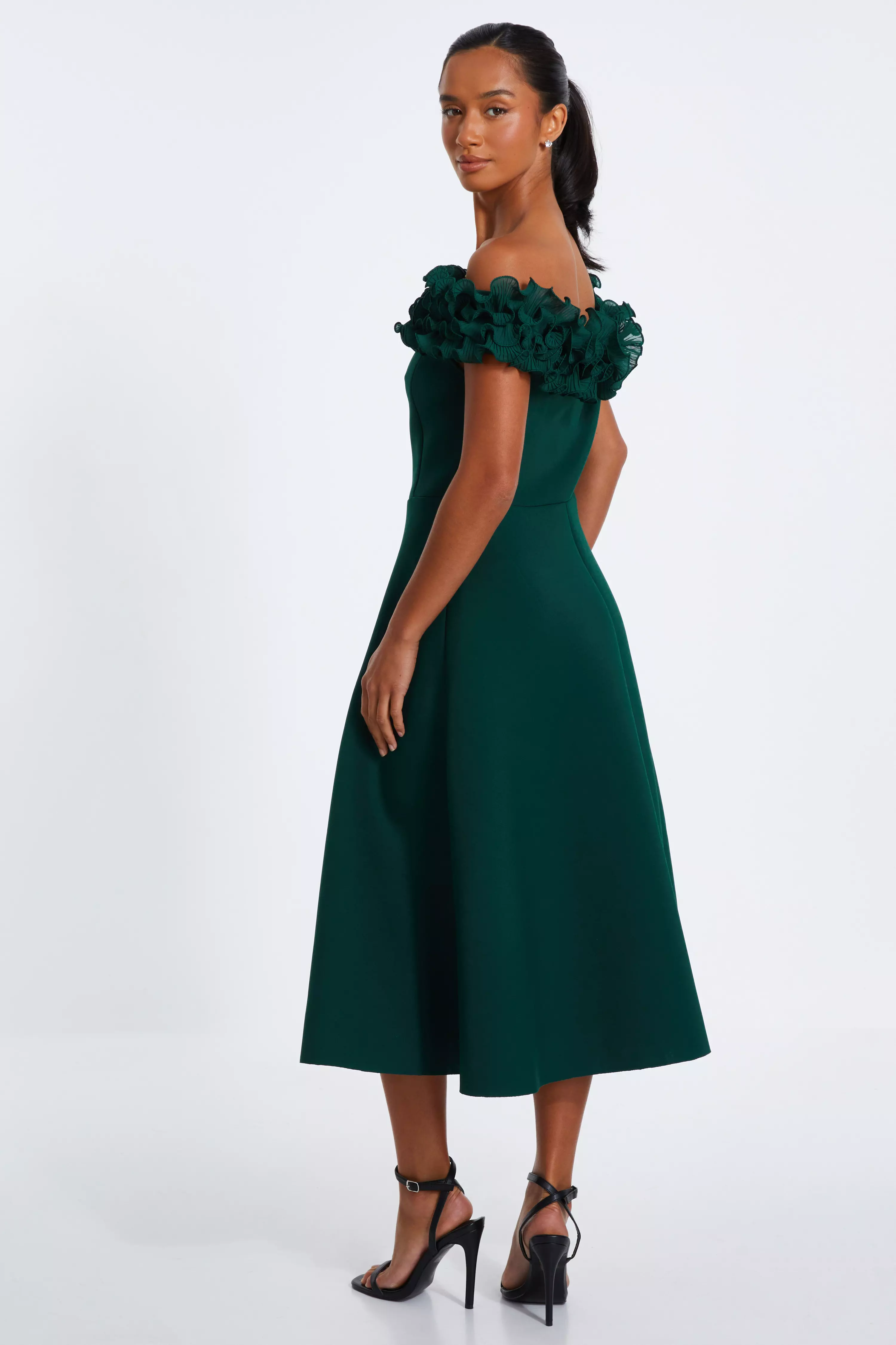 Petite Bottle Green Bardot Ruffle Skater Midi Dress