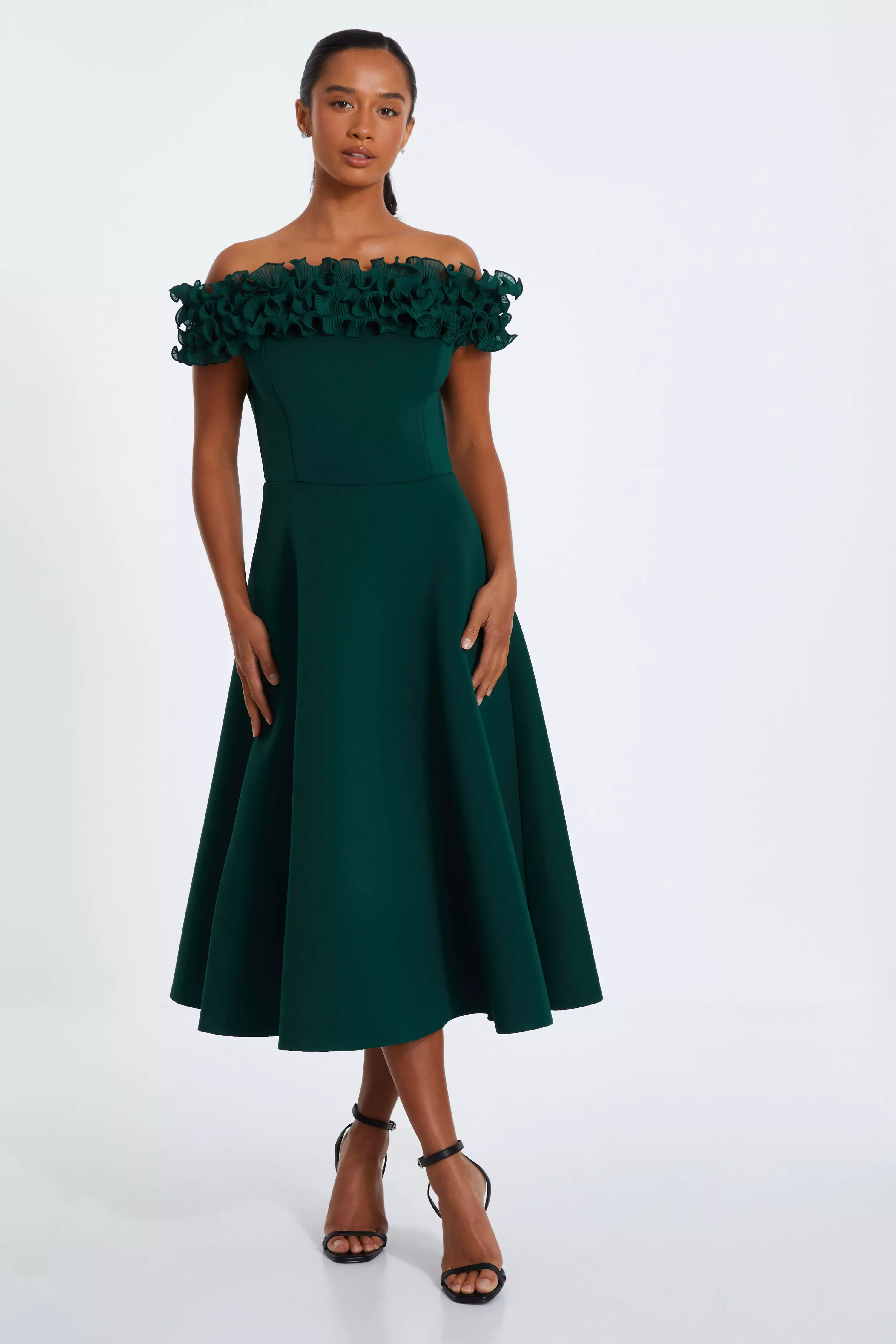 Petite Bottle Green Bardot Ruffle Skater Midi Dress