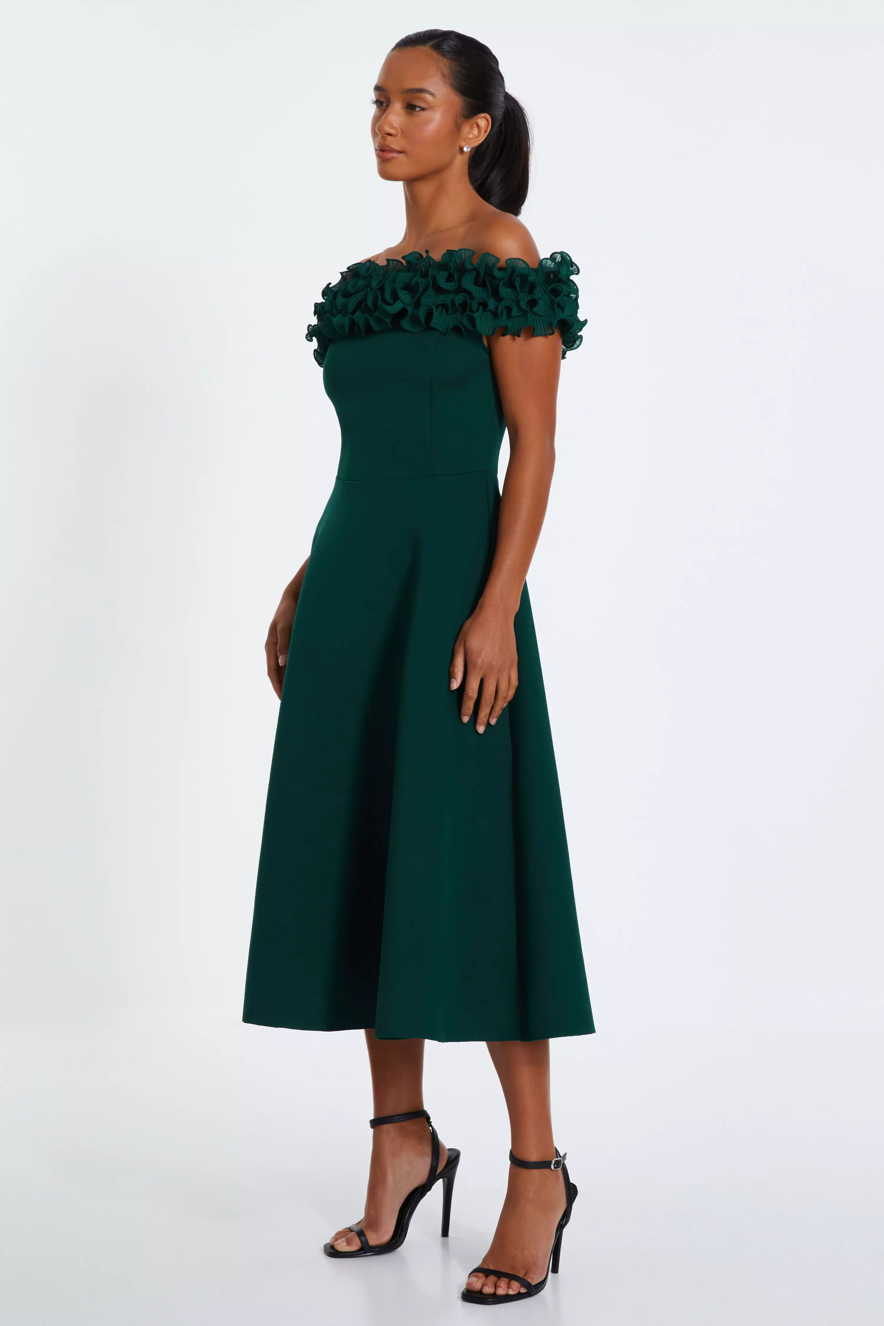 Petite Bottle Green Bardot Ruffle Skater Midi Dress