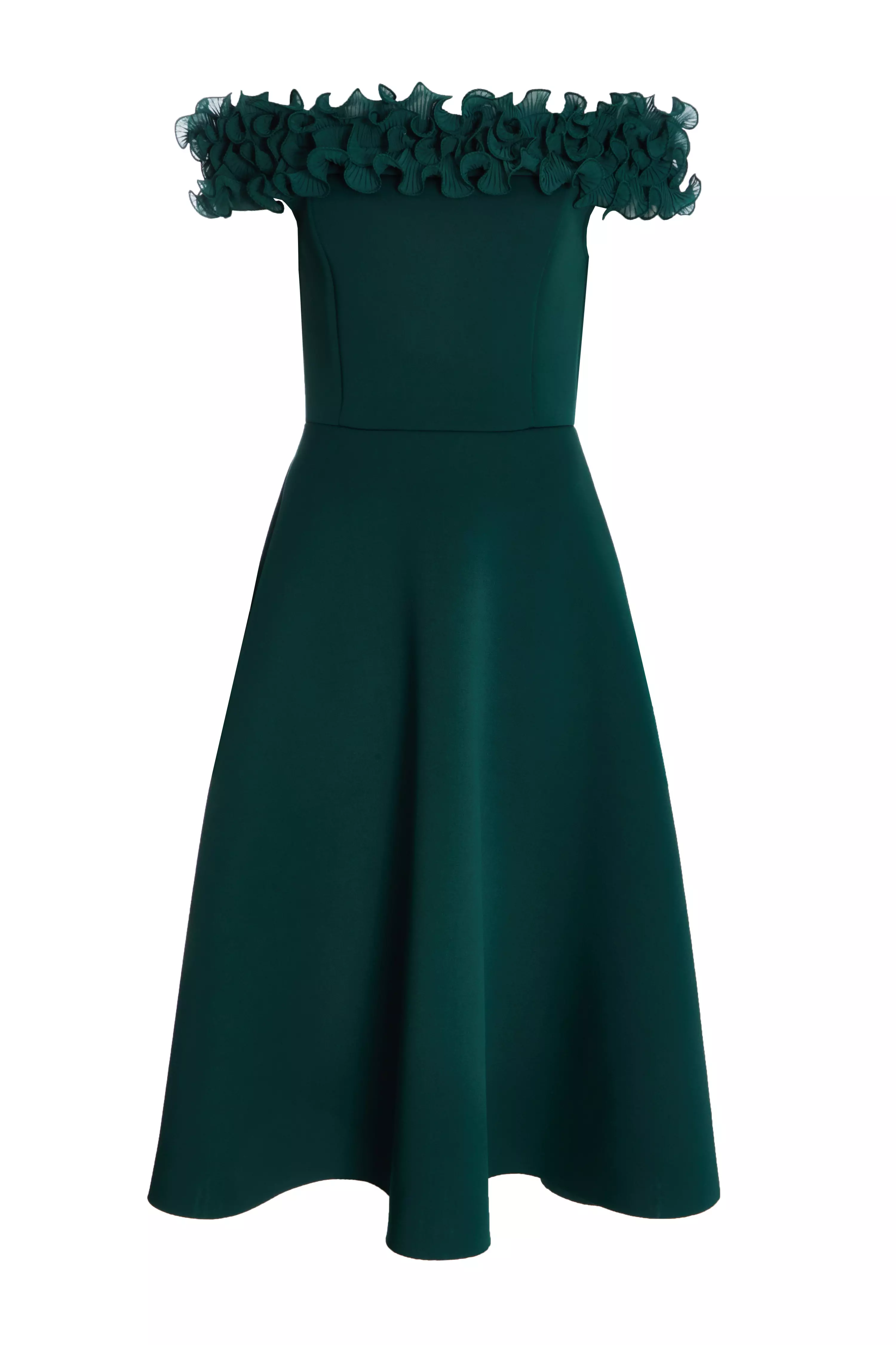 Petite Bottle Green Bardot Ruffle Skater Midi Dress