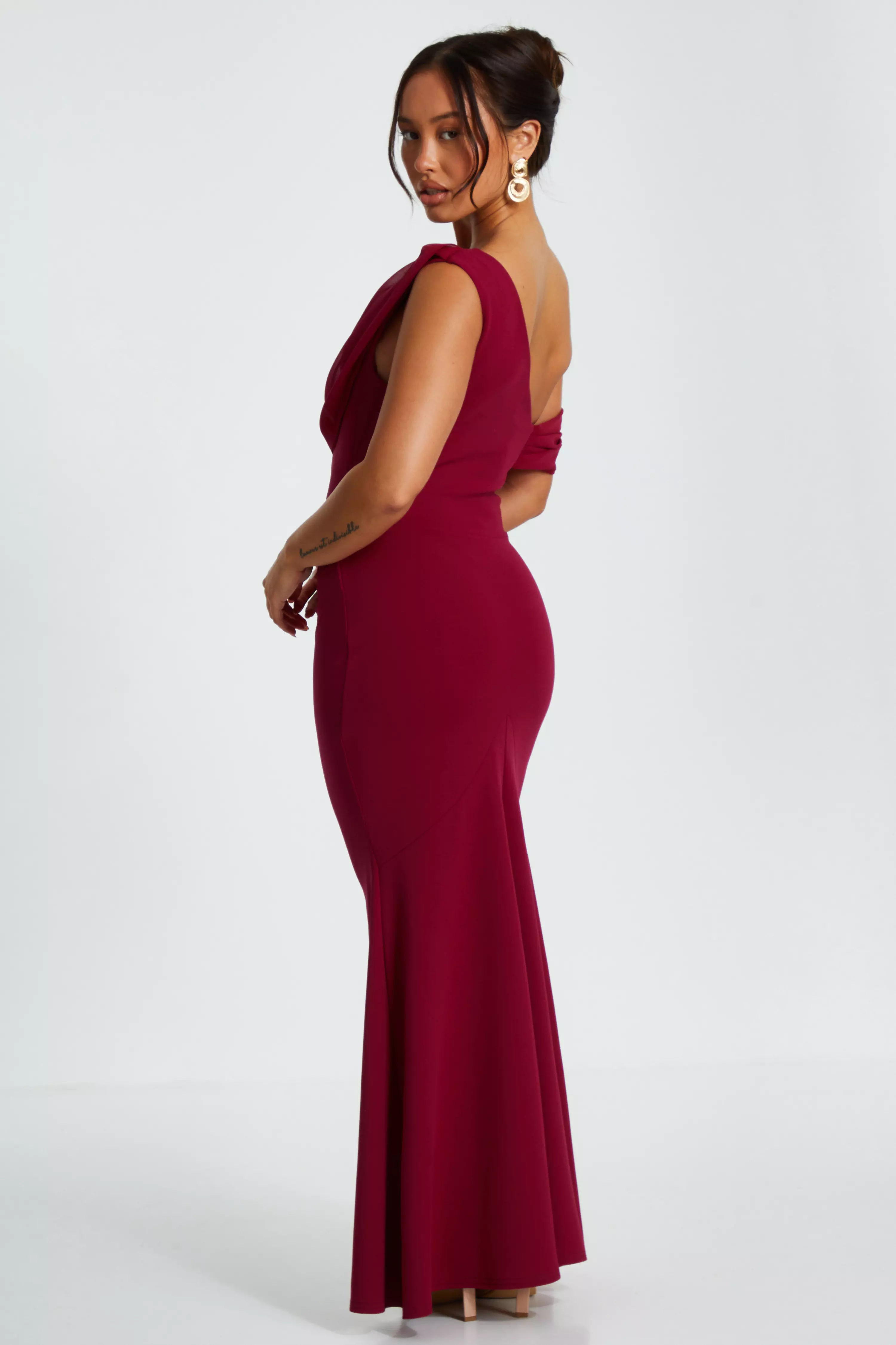 Petite Dark Red Asymmetric Cowl Neck Maxi Dress