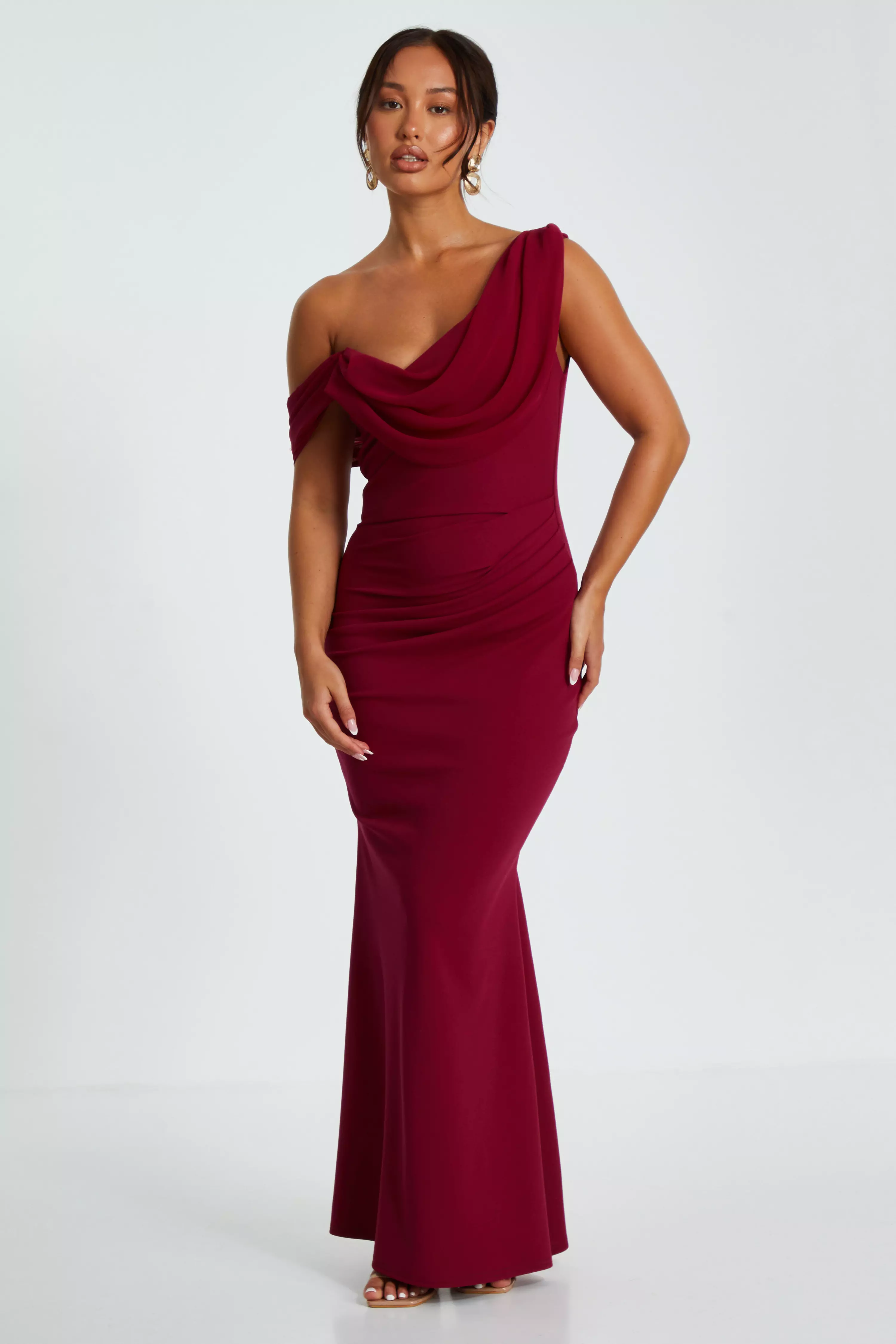 Petite Dark Red Asymmetric Cowl Neck Maxi Dress