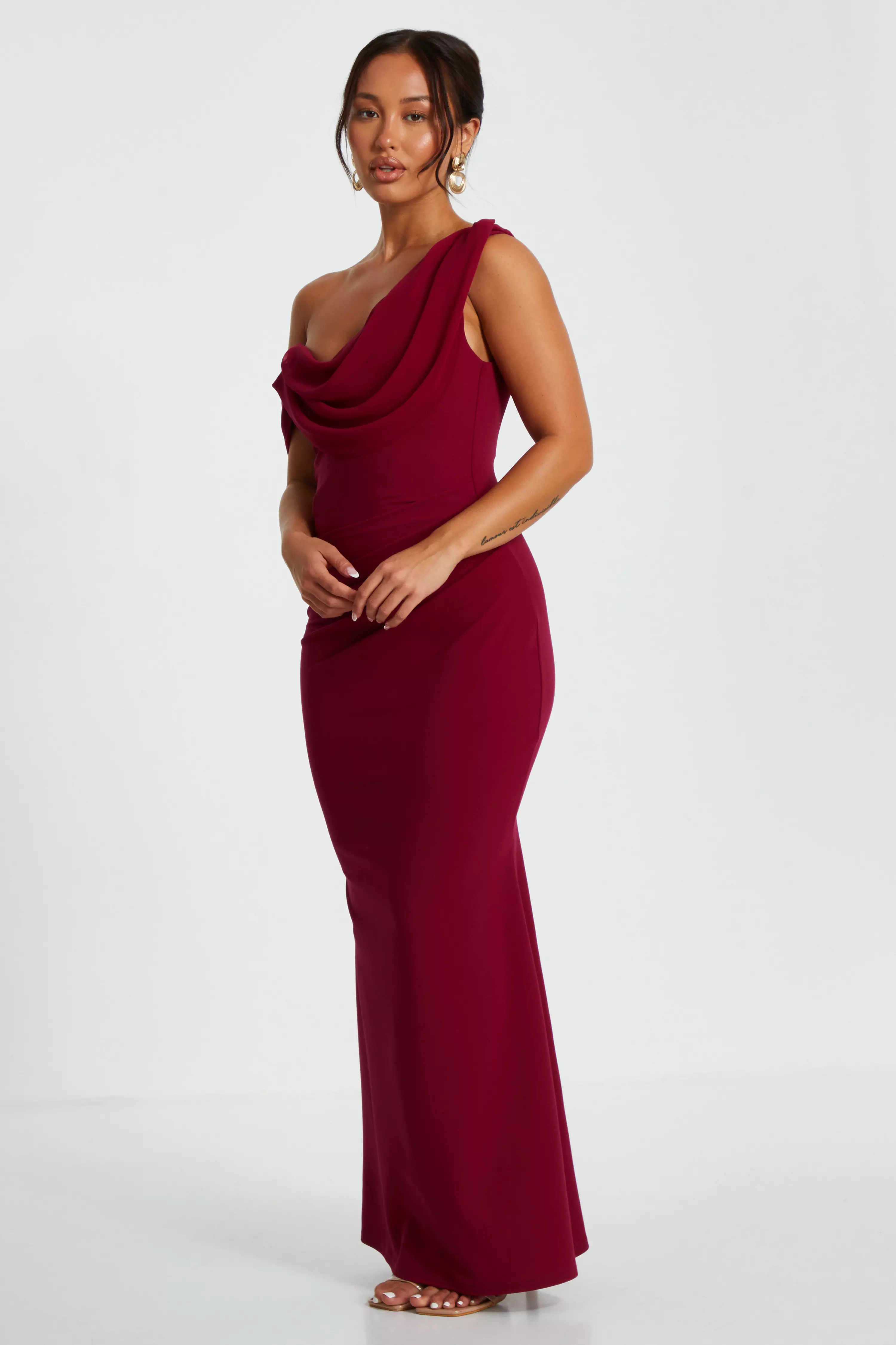 Petite Dark Red Asymmetric Cowl Neck Maxi Dress