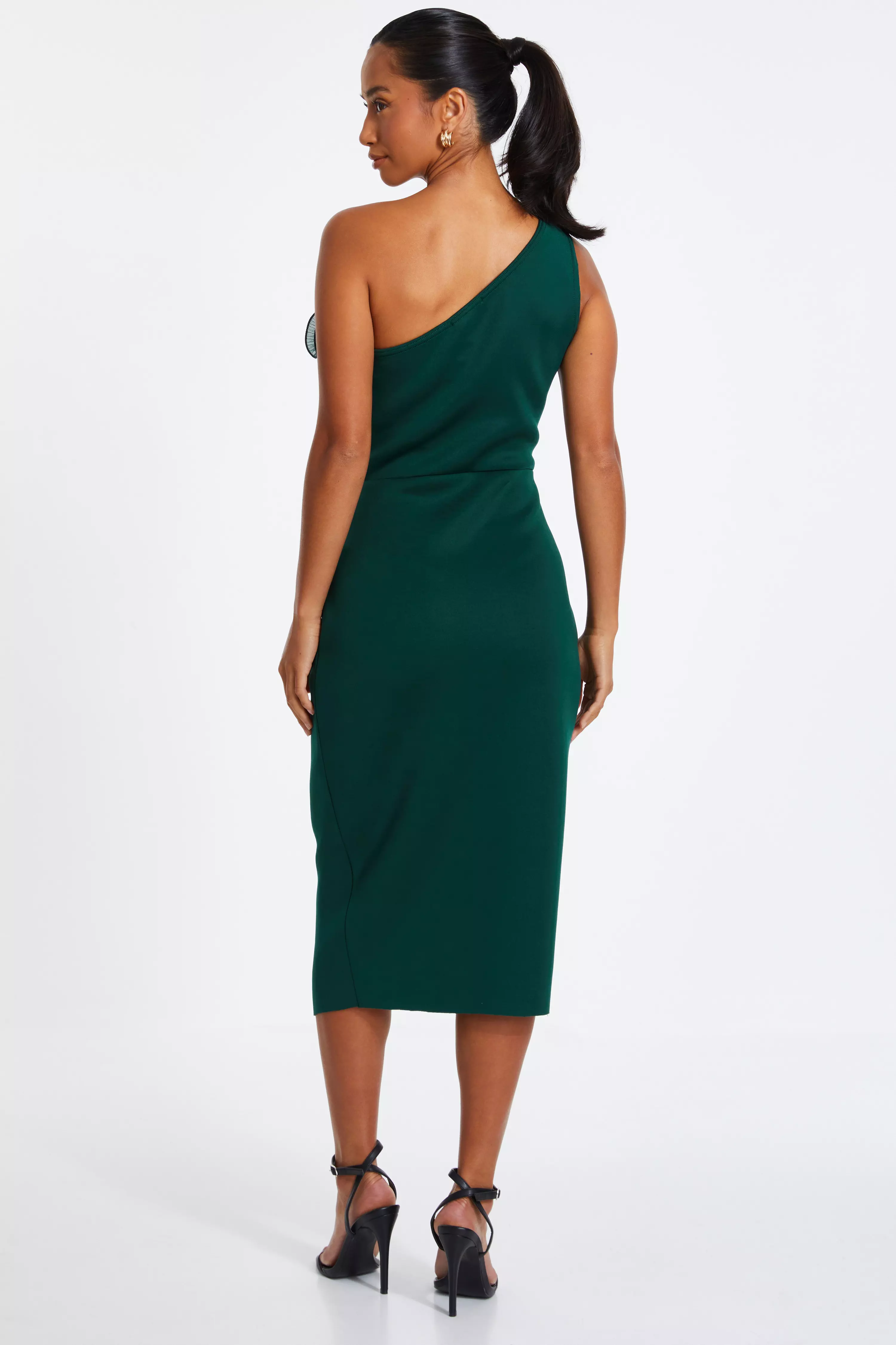 Petite Bottle Green One Shoulder Ruched Midi Dress