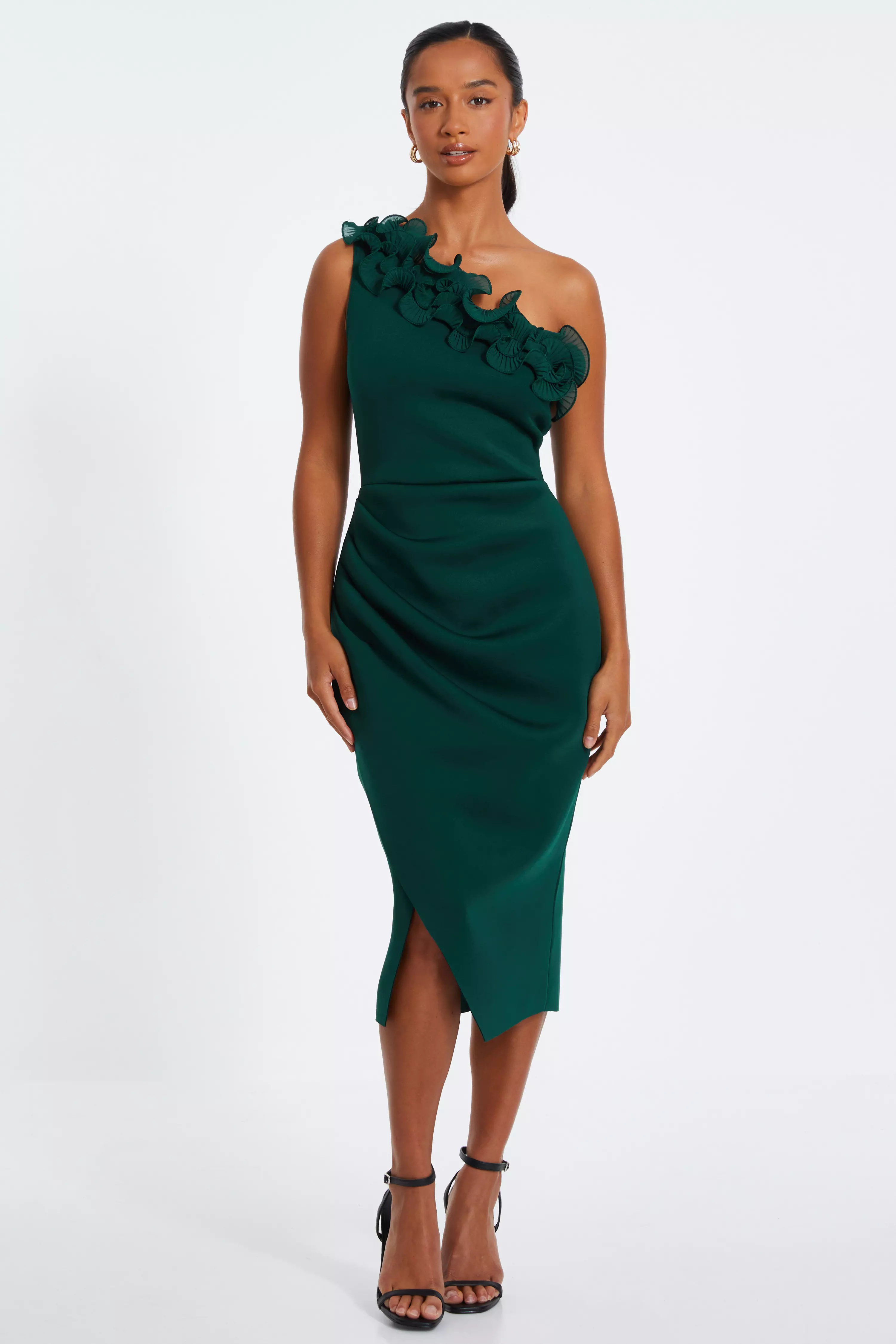 Petite Bottle Green One Shoulder Ruched Midi Dress