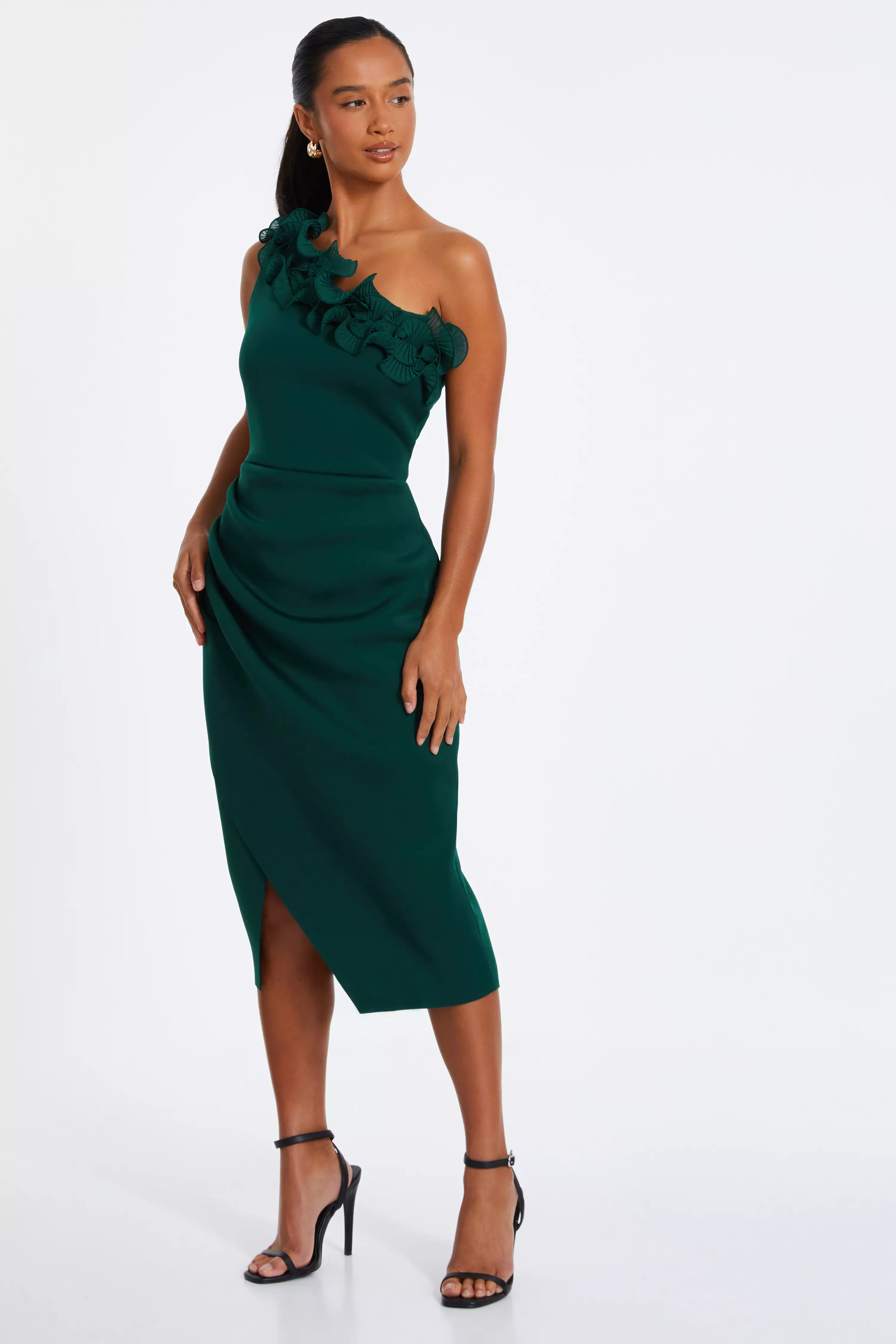 Petite Bottle Green One Shoulder Ruched Midi Dress