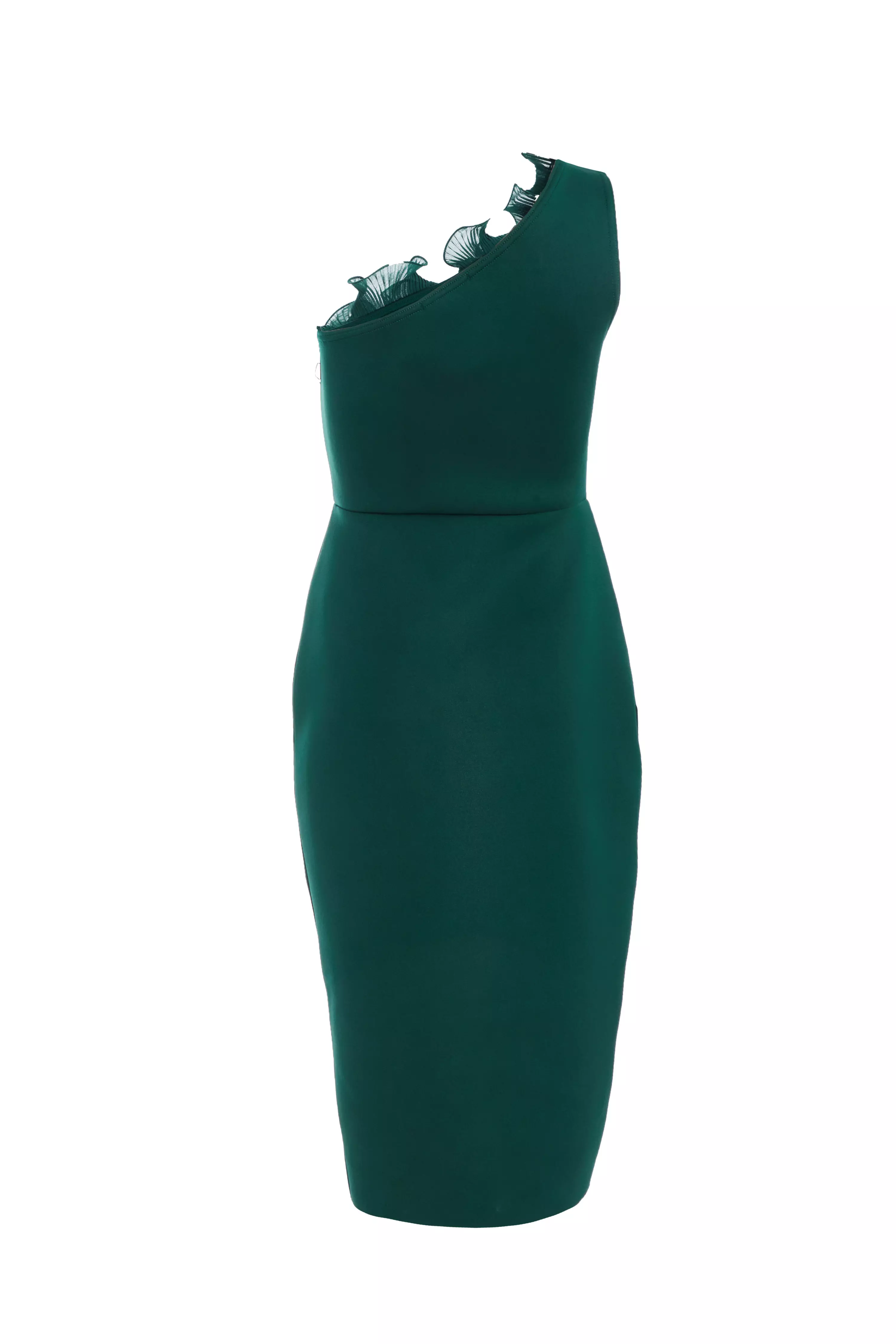 Petite Bottle Green One Shoulder Ruched Midi Dress