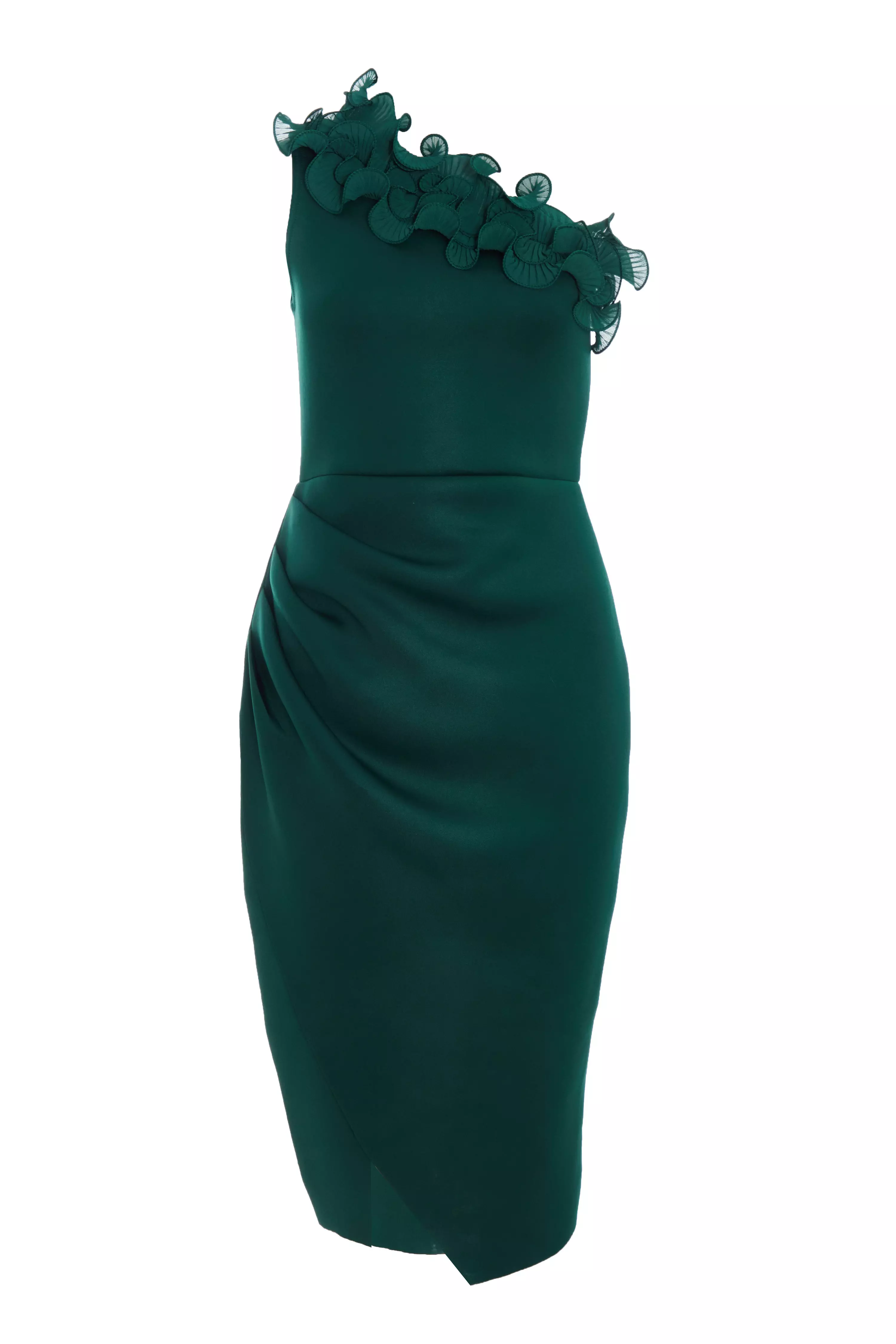 Petite Bottle Green One Shoulder Ruched Midi Dress