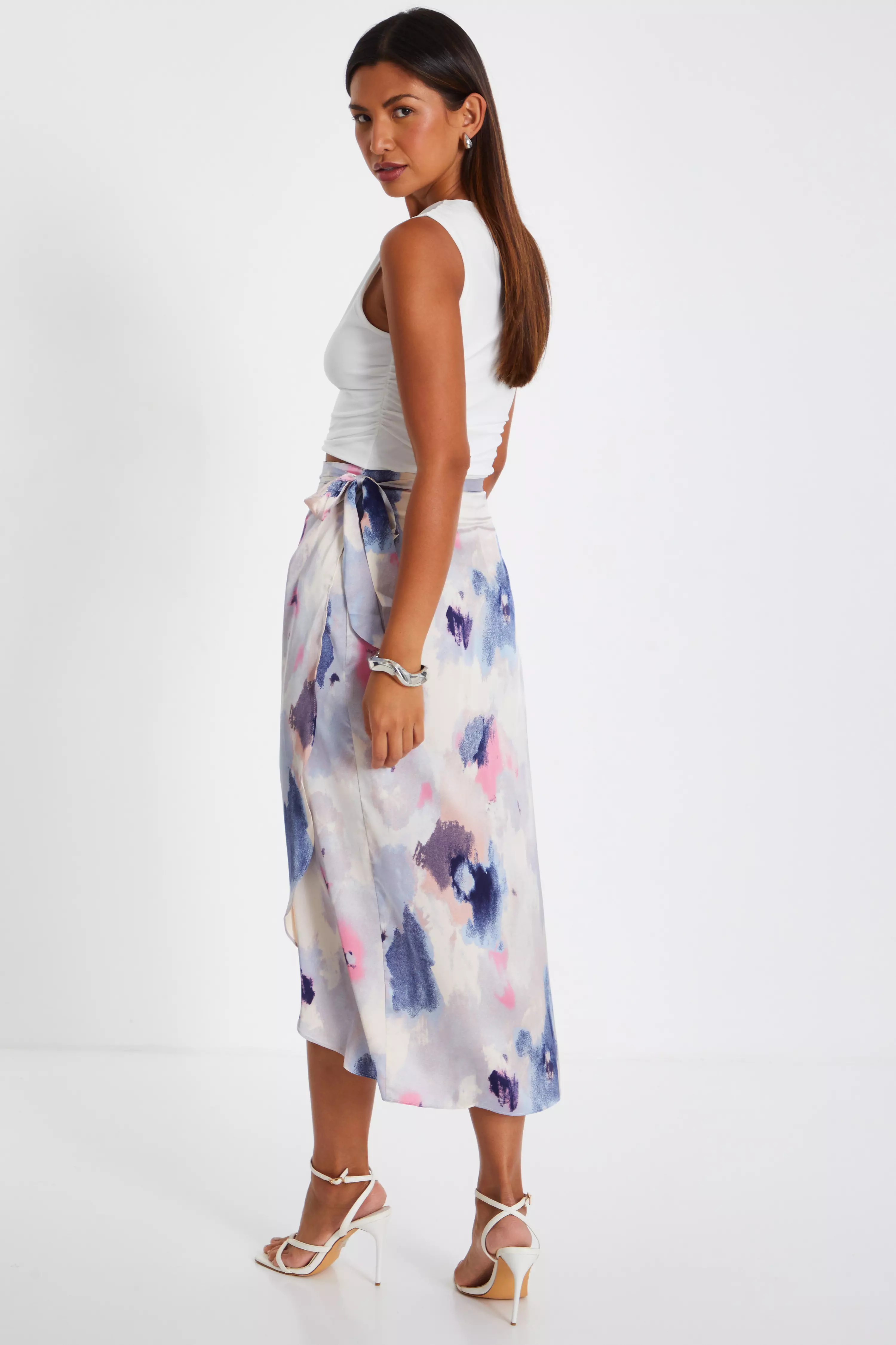 Multicoloured Marble Print Wrap Midi Skirt 