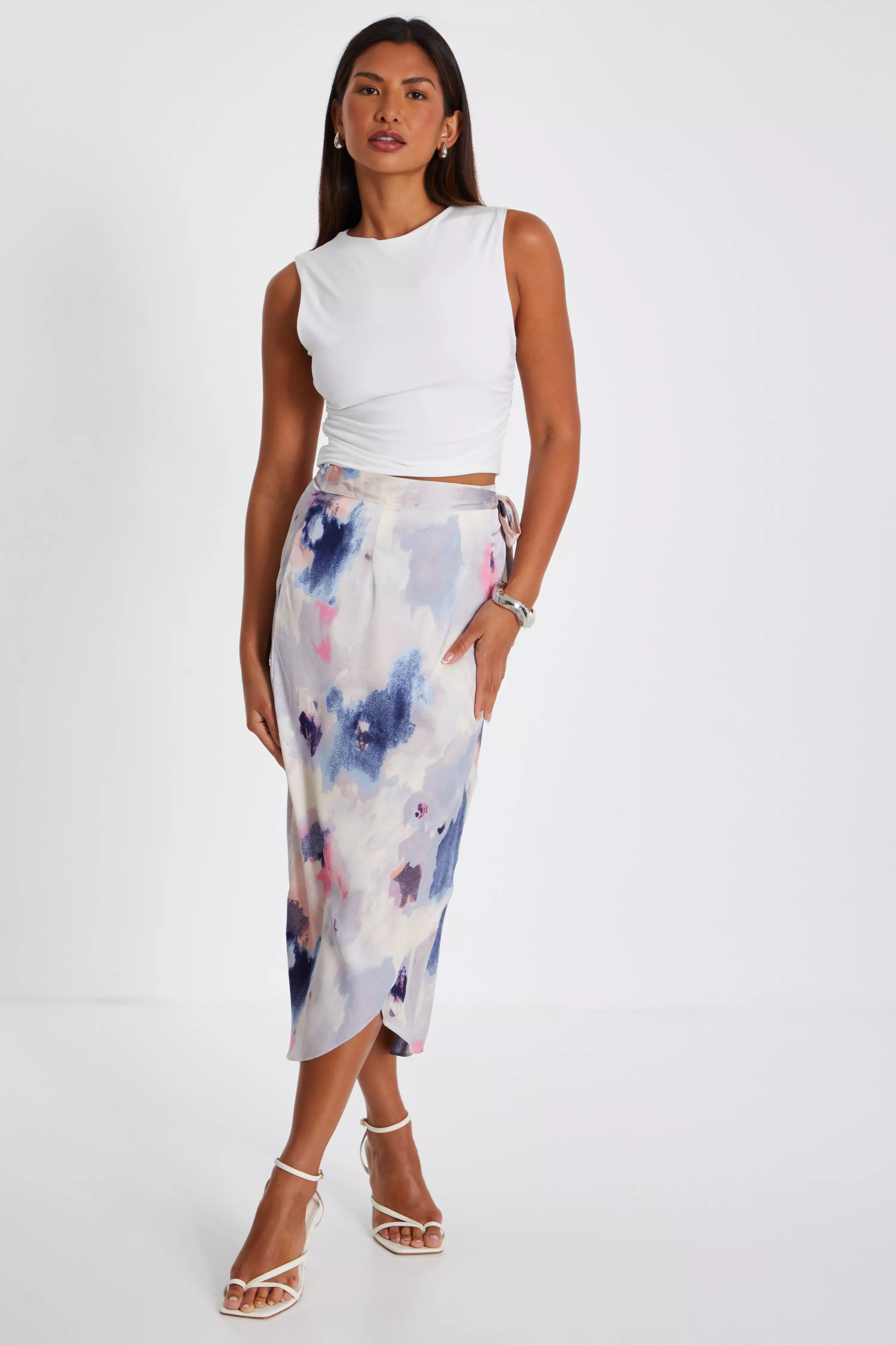 Multicoloured Marble Print Wrap Midi Skirt 