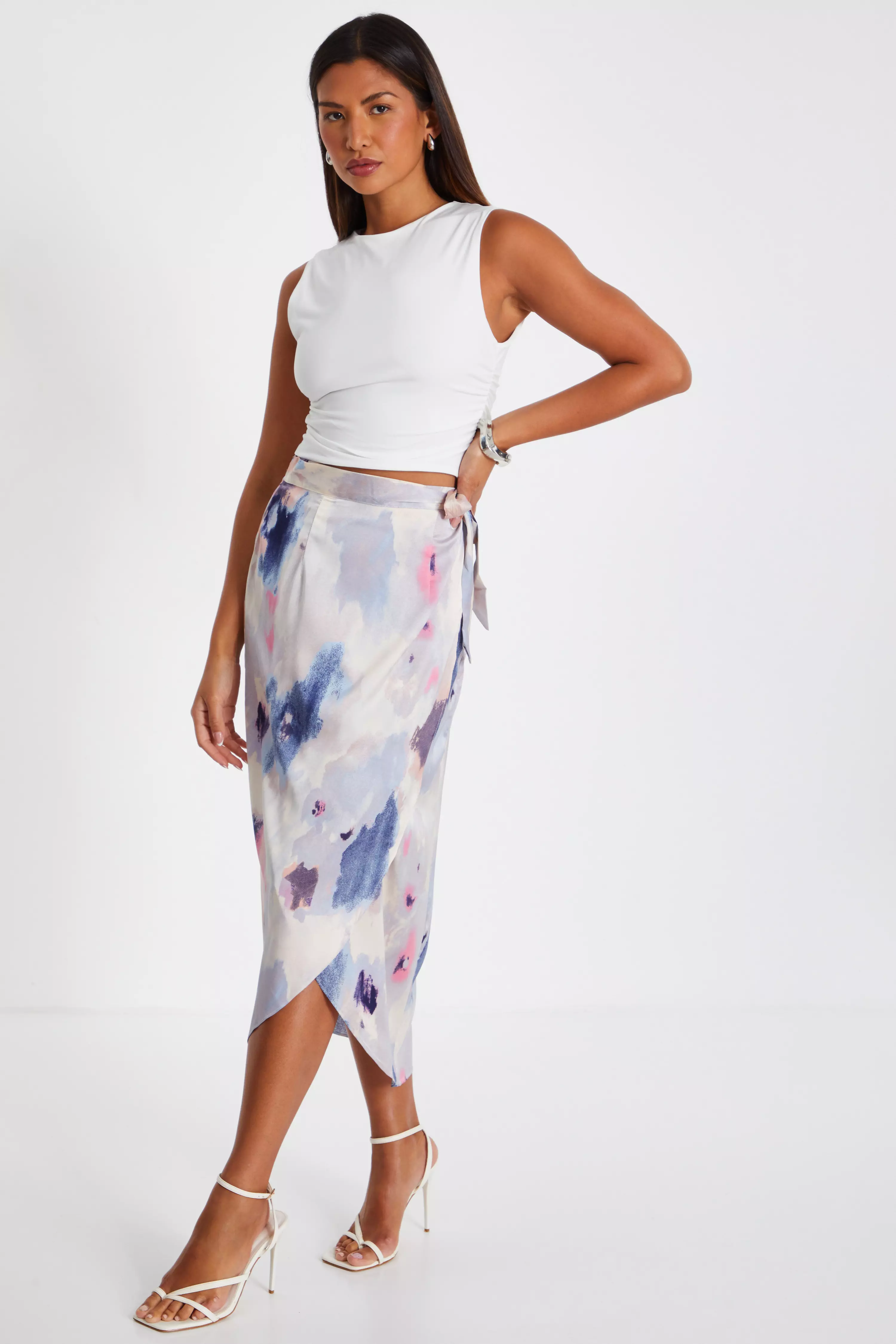 Multicoloured Marble Print Wrap Midi Skirt 