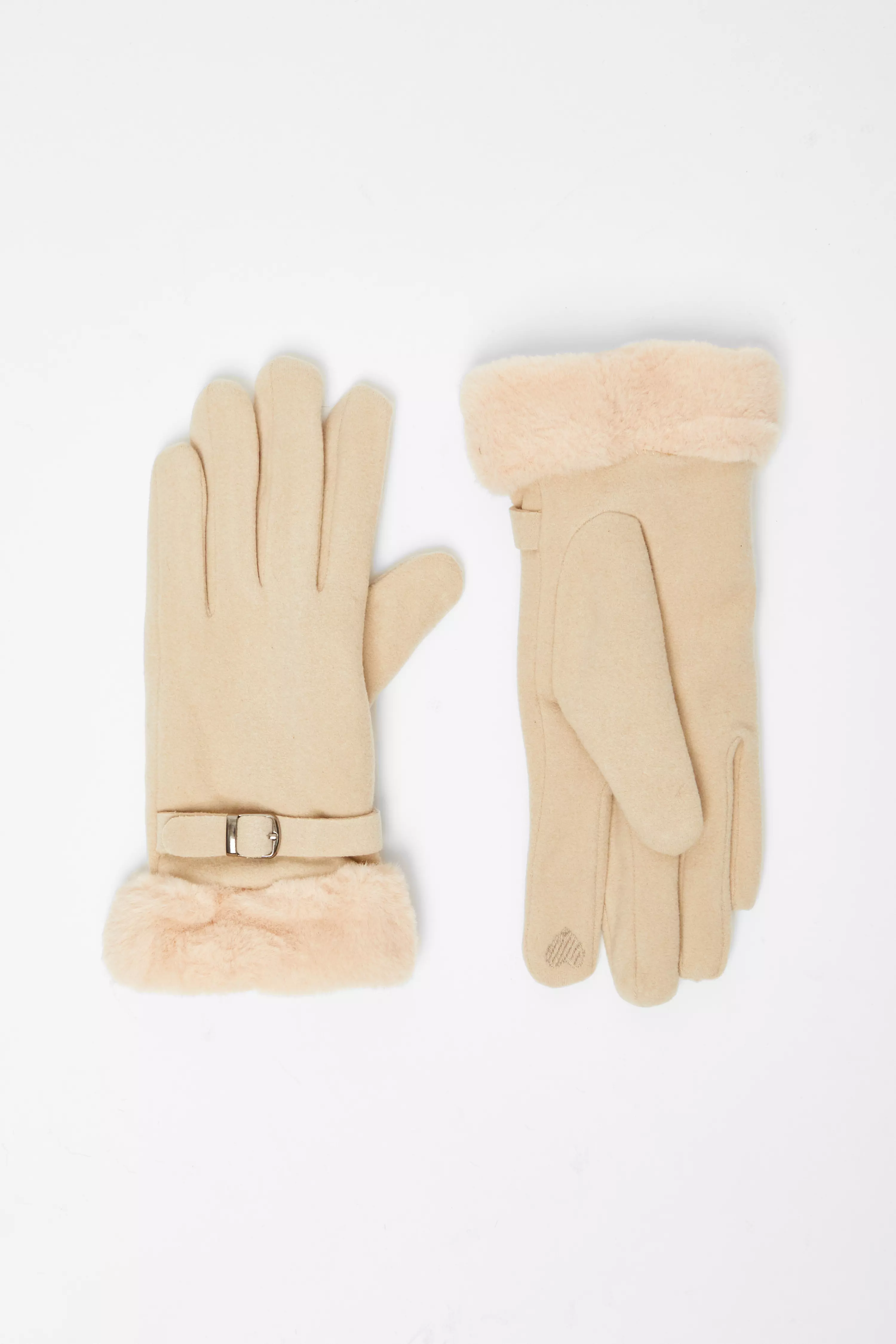 Cream Faux Fur Belted Gloves