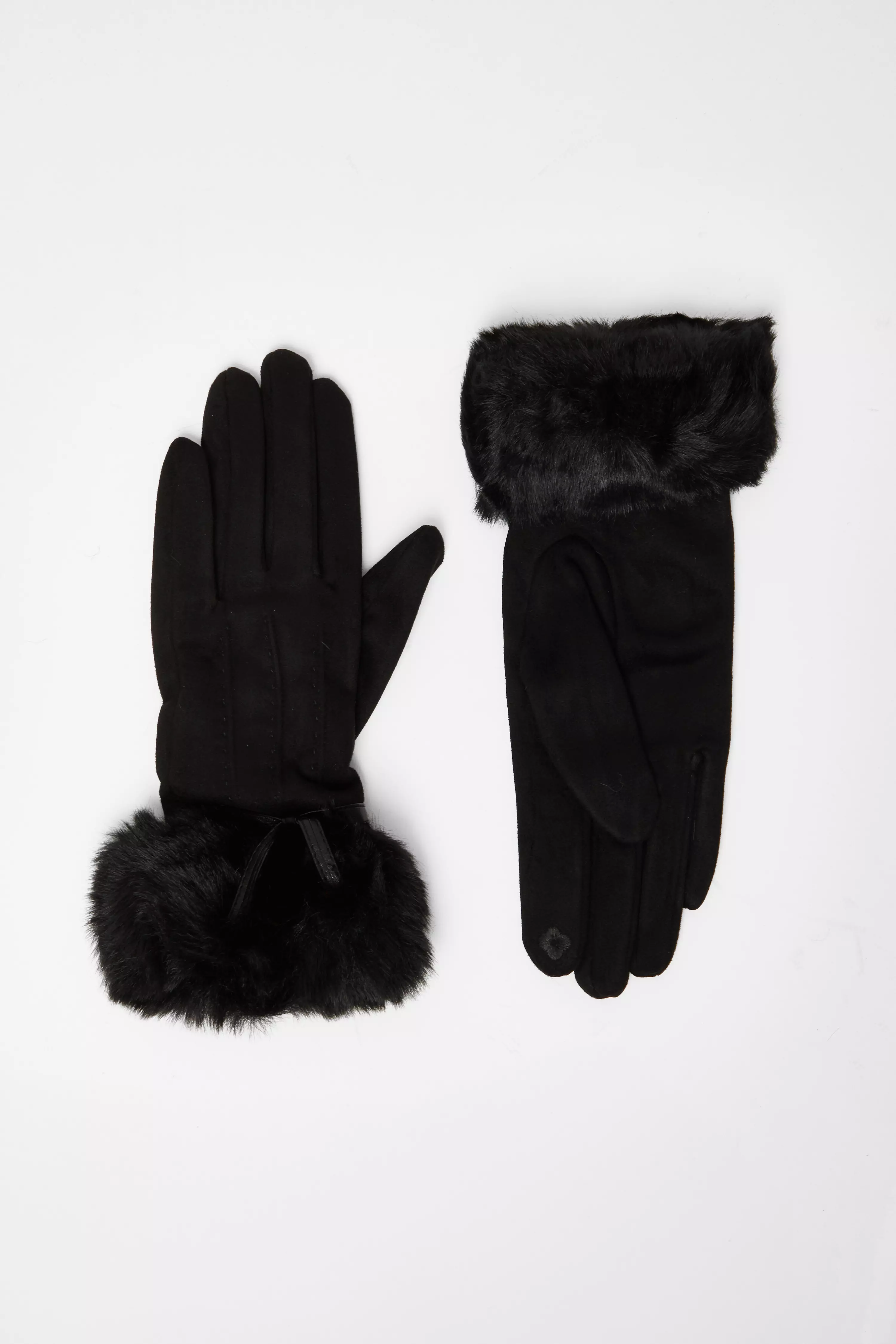 Black Faux Fur Bow Gloves