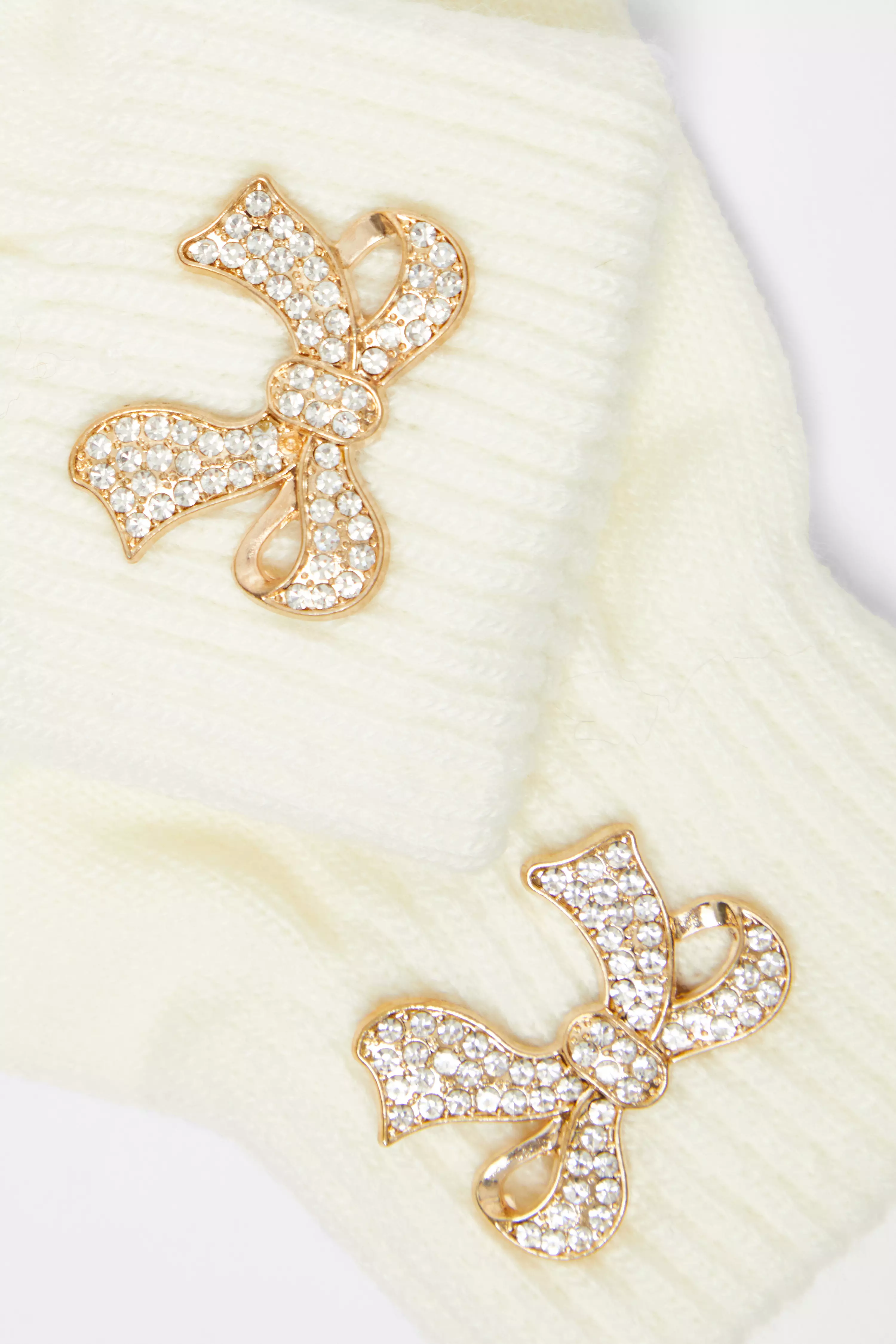 Cream Knit Diamante Bow Gloves