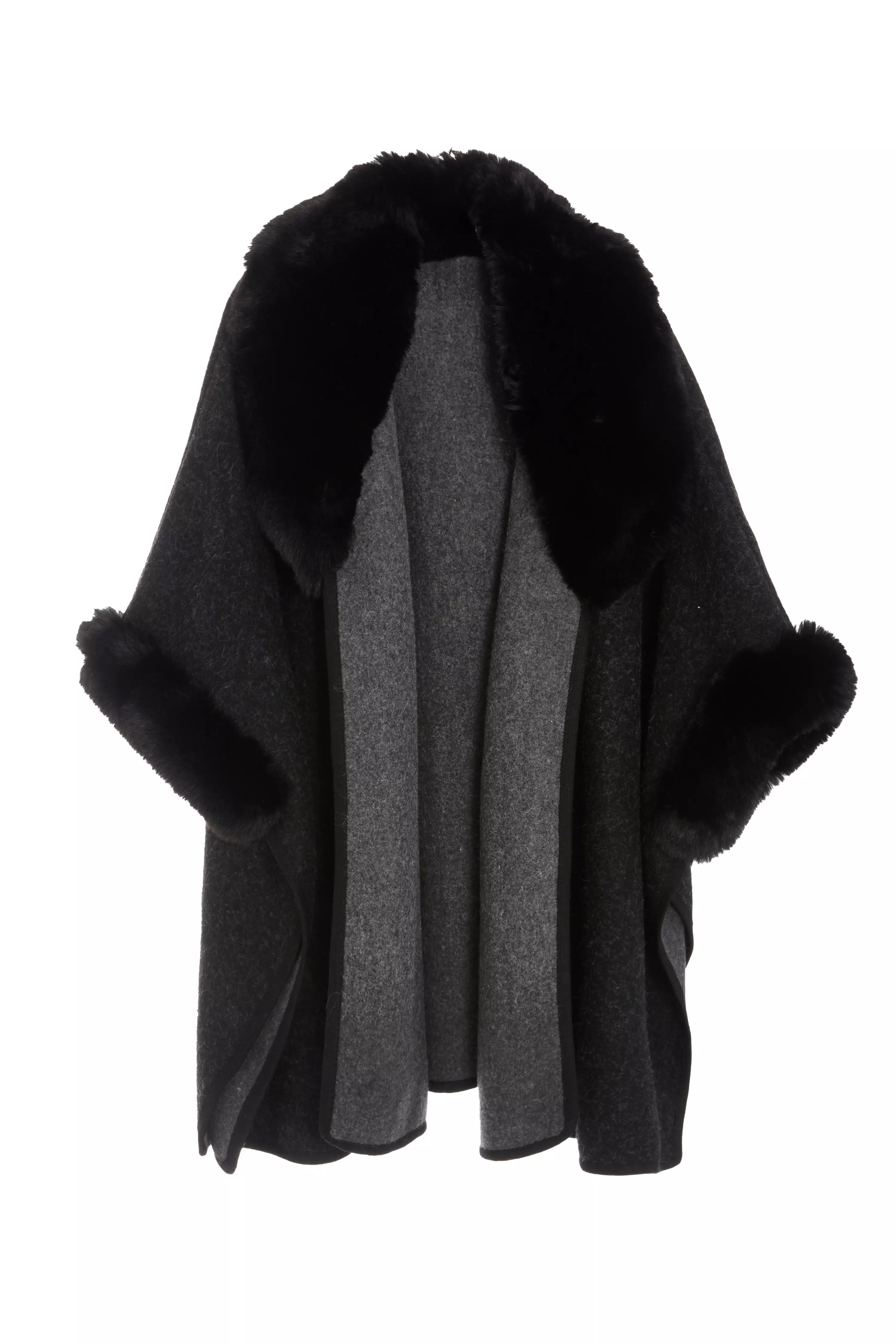 Black Faux Fur Trim Cape