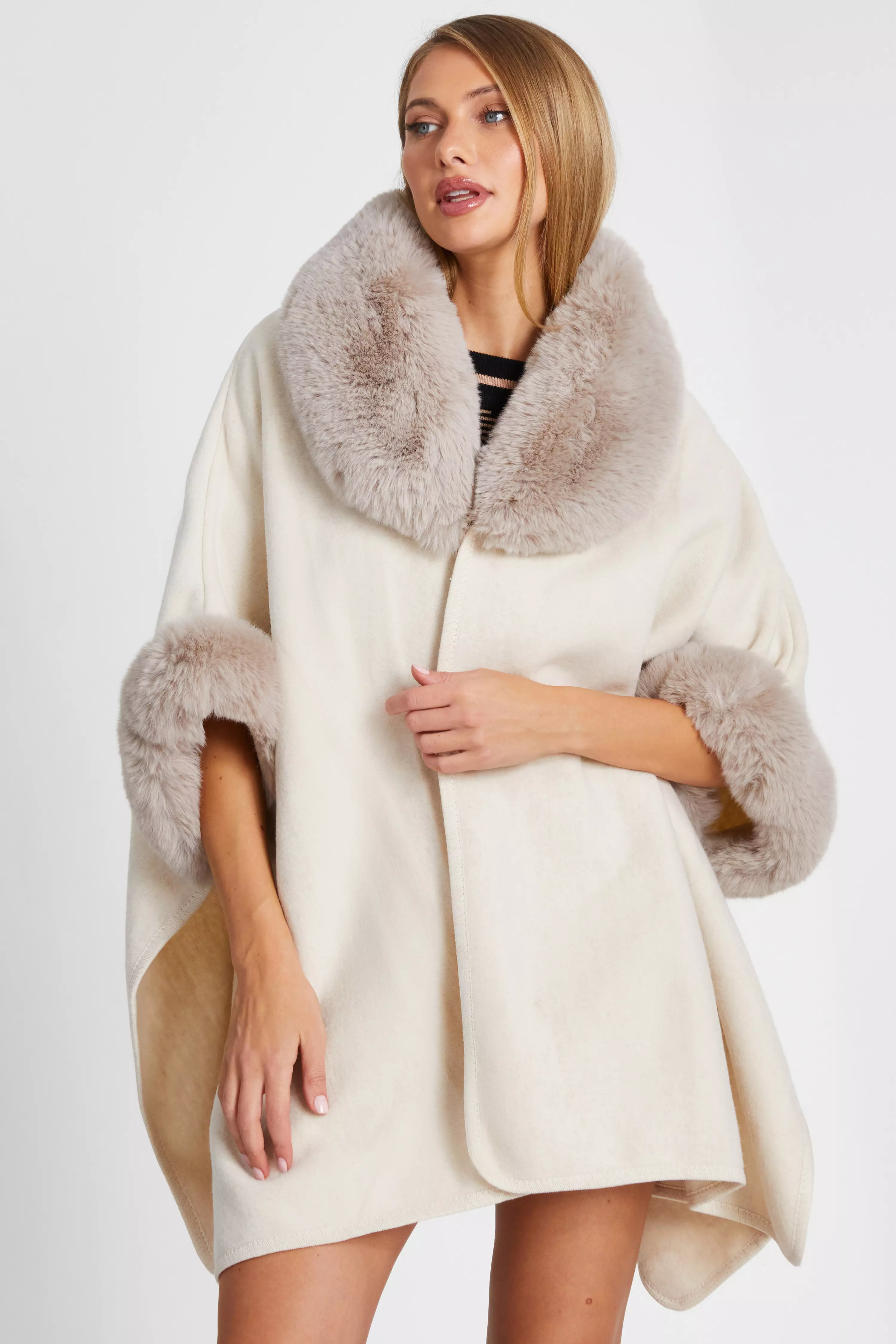 Cream Faux Fur Trim Cape