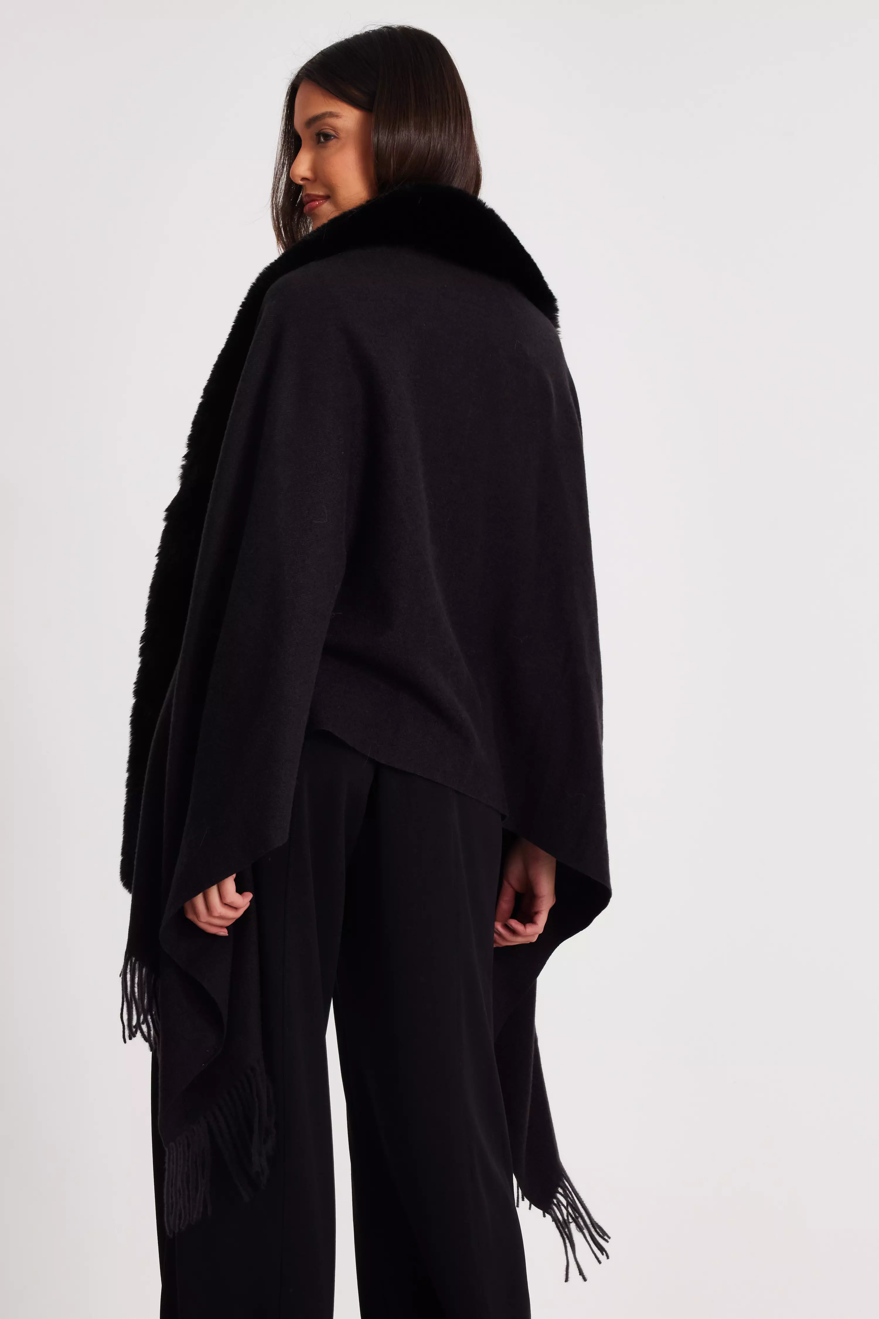 Black Faux Fur Trim Cape