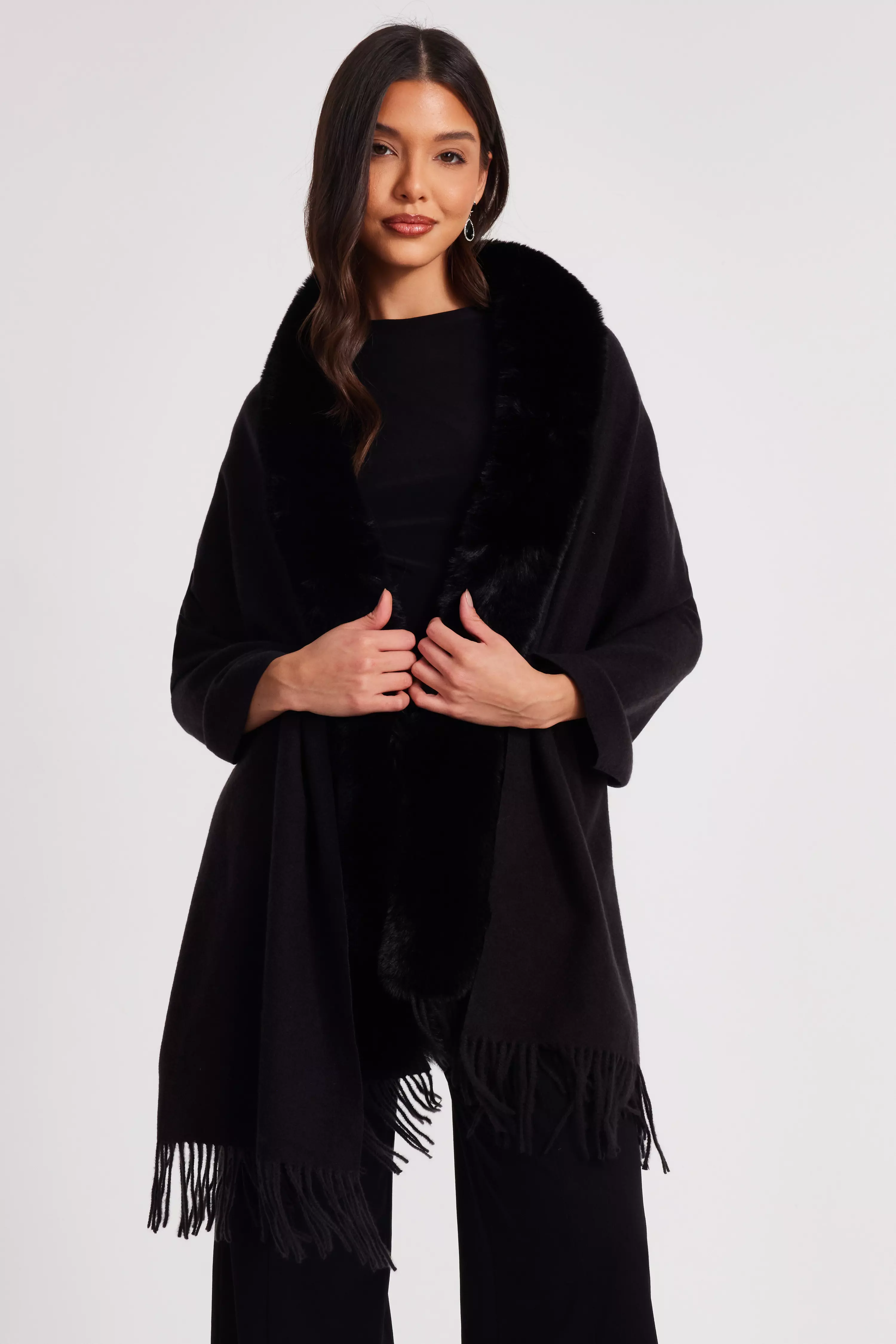 Black Faux Fur Trim Cape