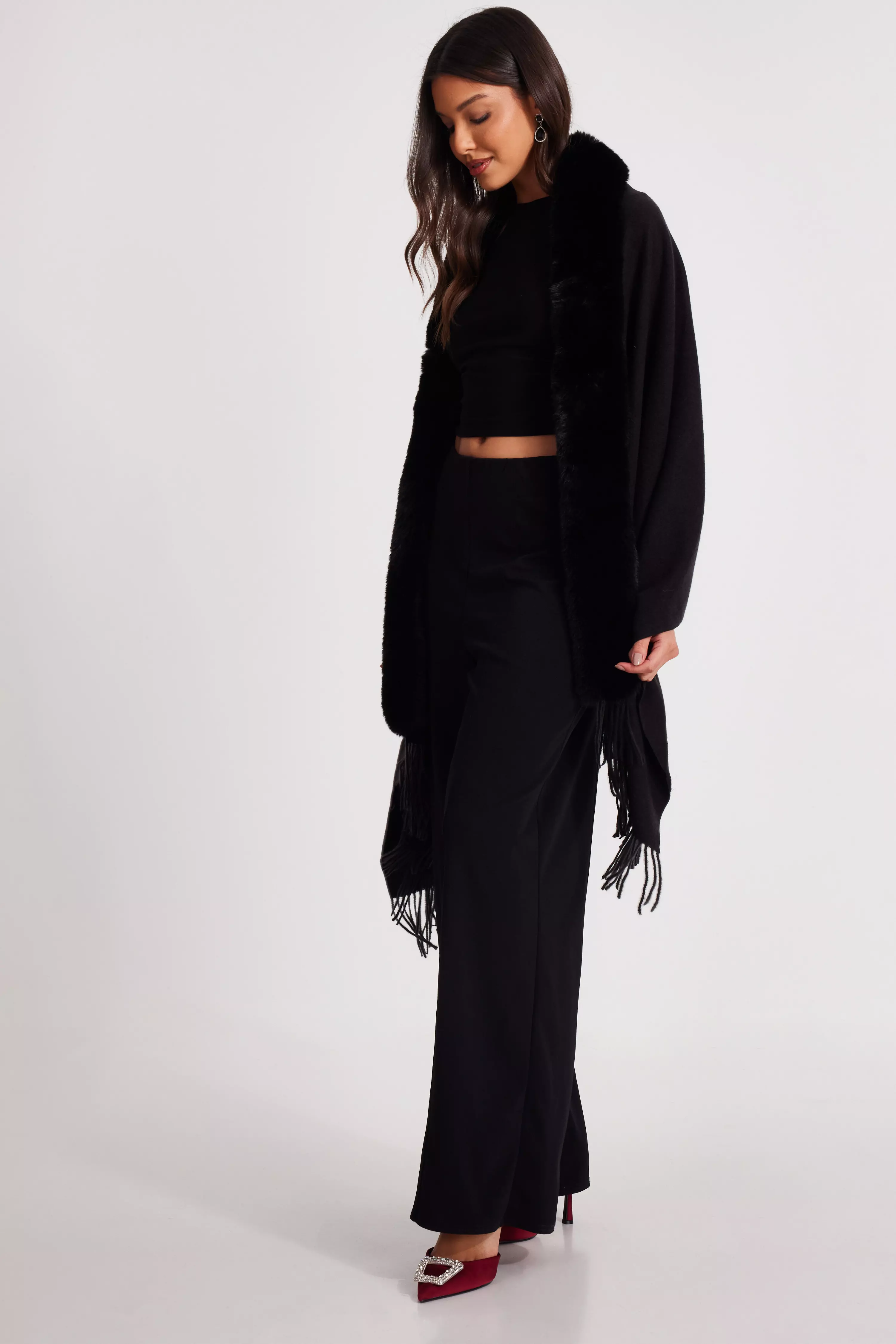 Black Faux Fur Trim Cape