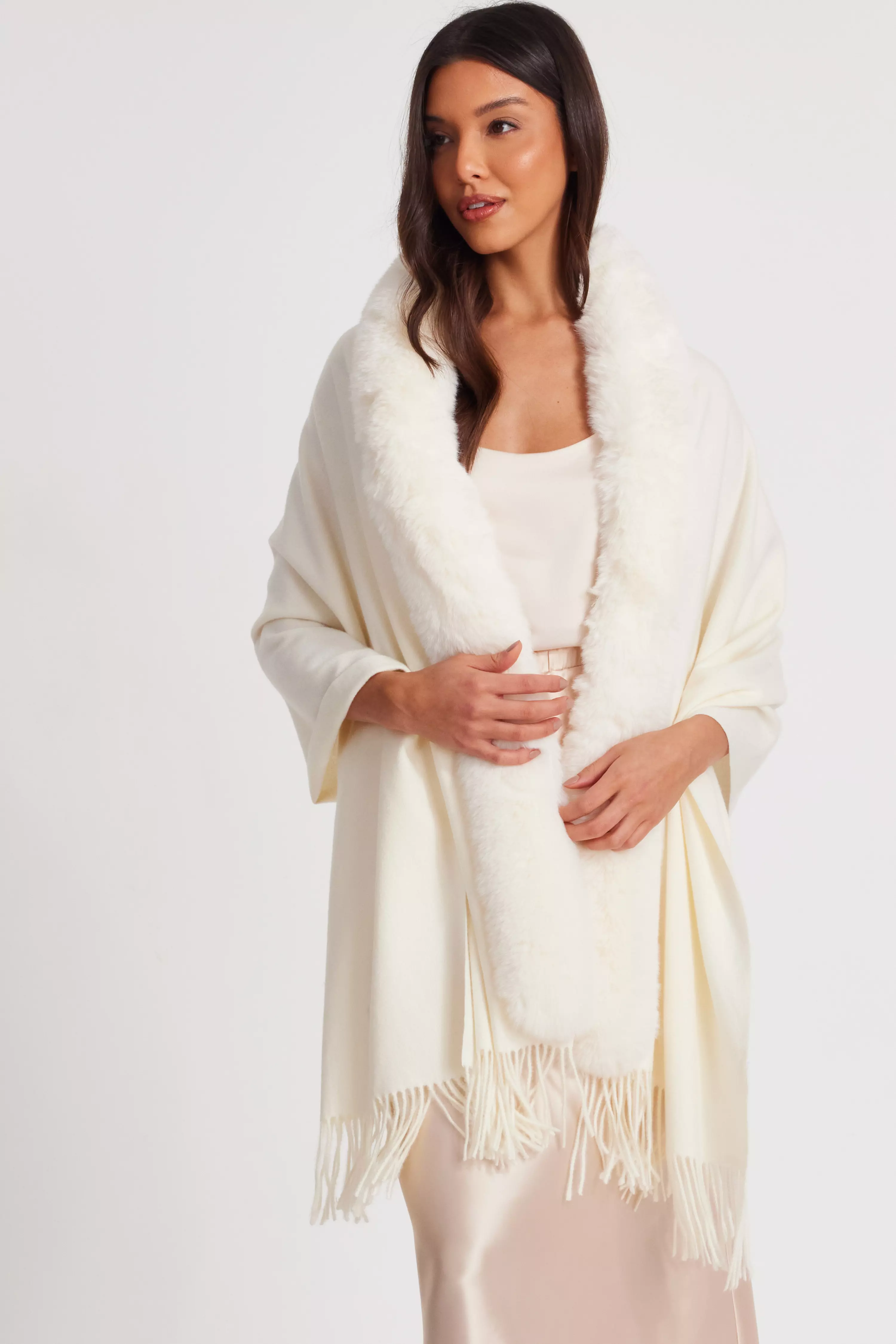 Cream Faux Fur Trim Cape