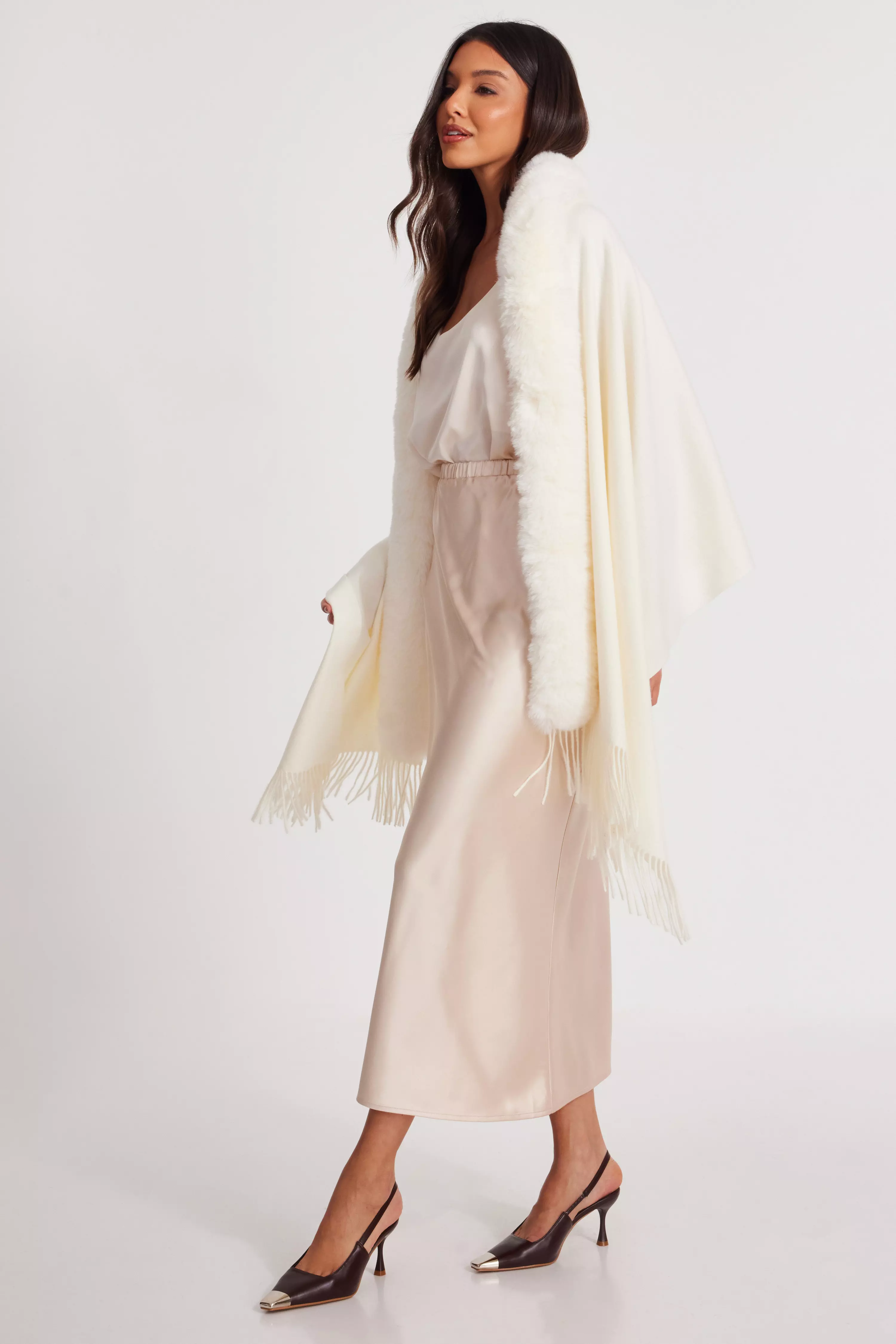 Cream Faux Fur Trim Cape