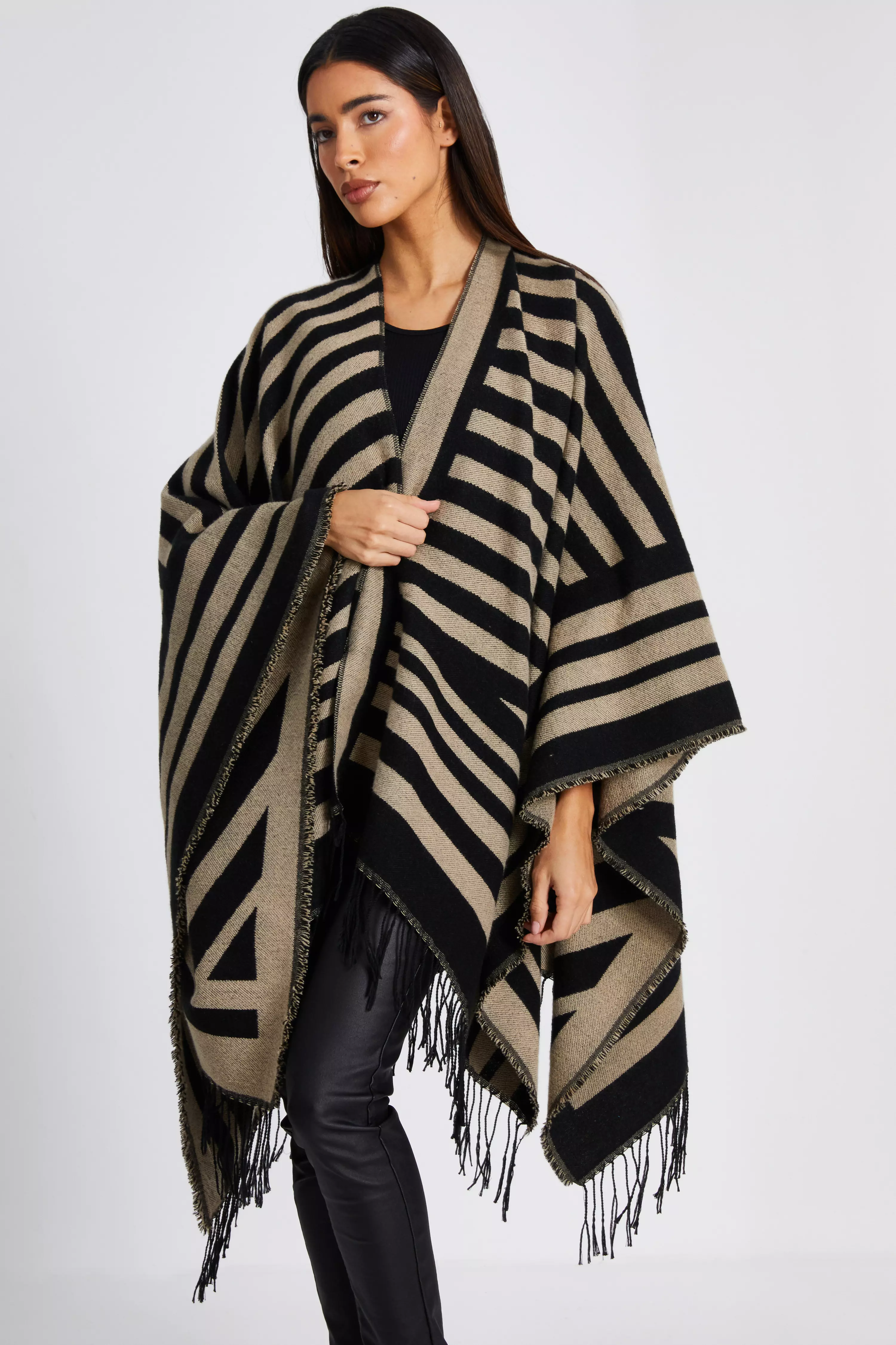 Cream Stripe Tassel Cape
