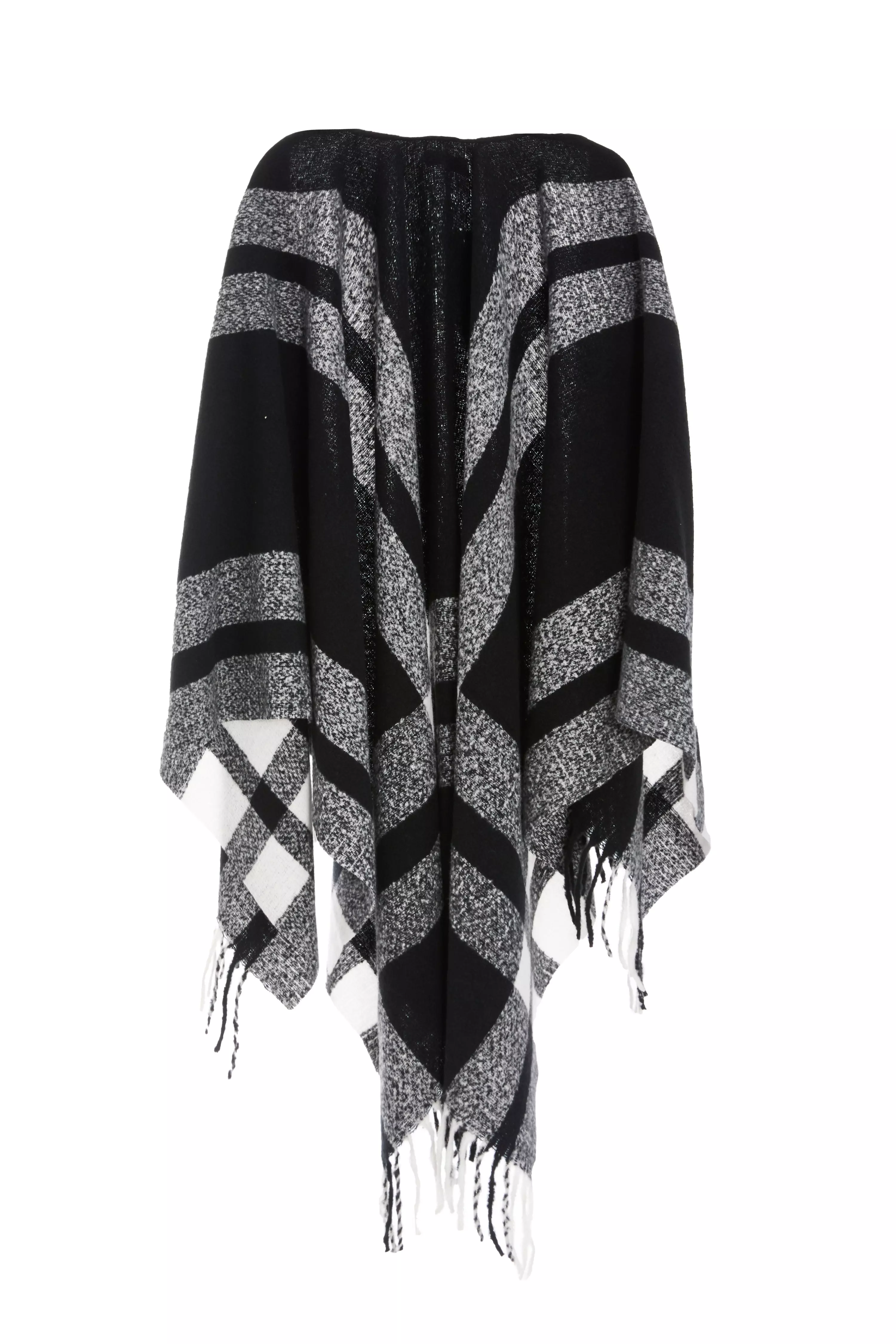 Black Check Print Tassel Cape