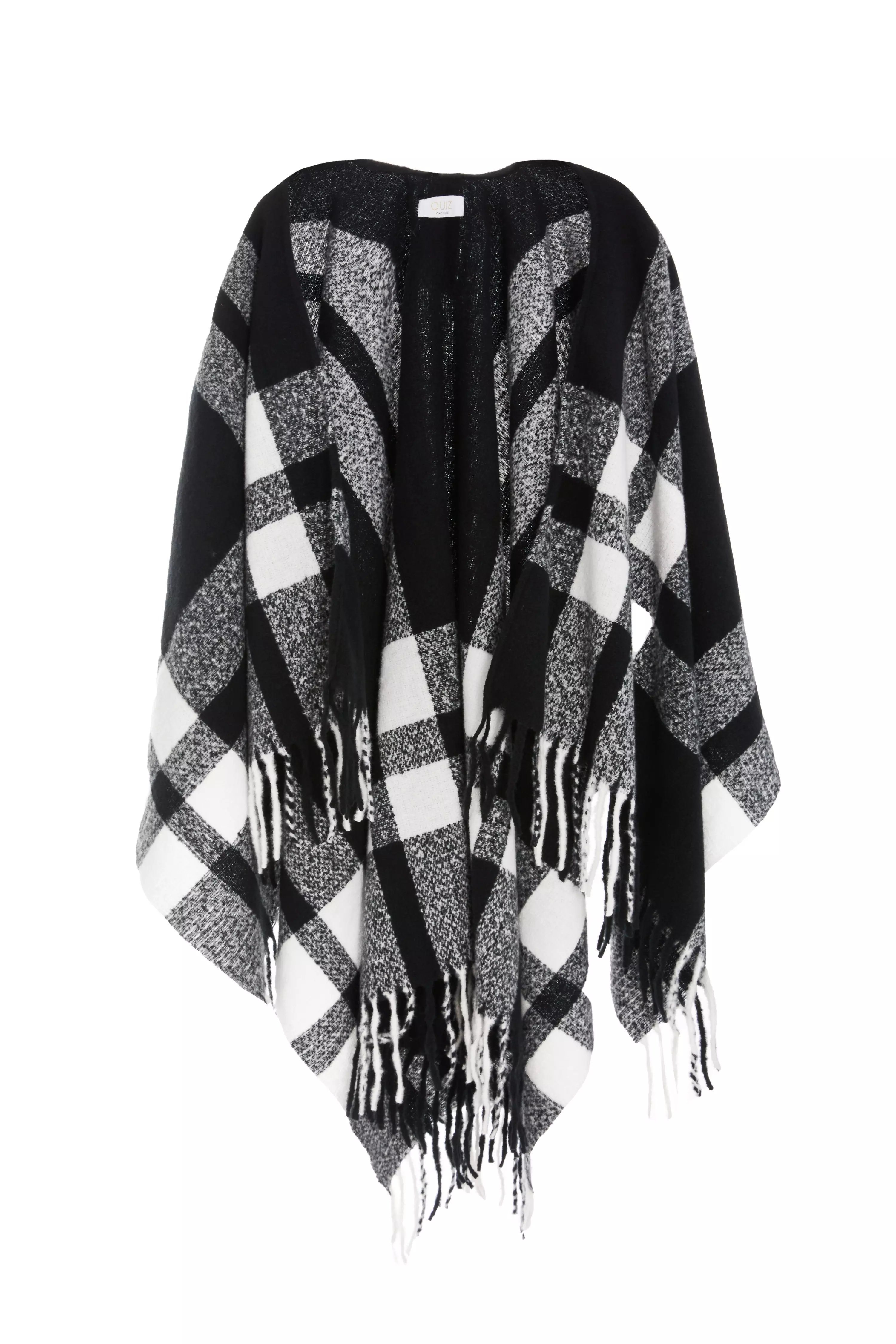 Black Check Print Tassel Cape